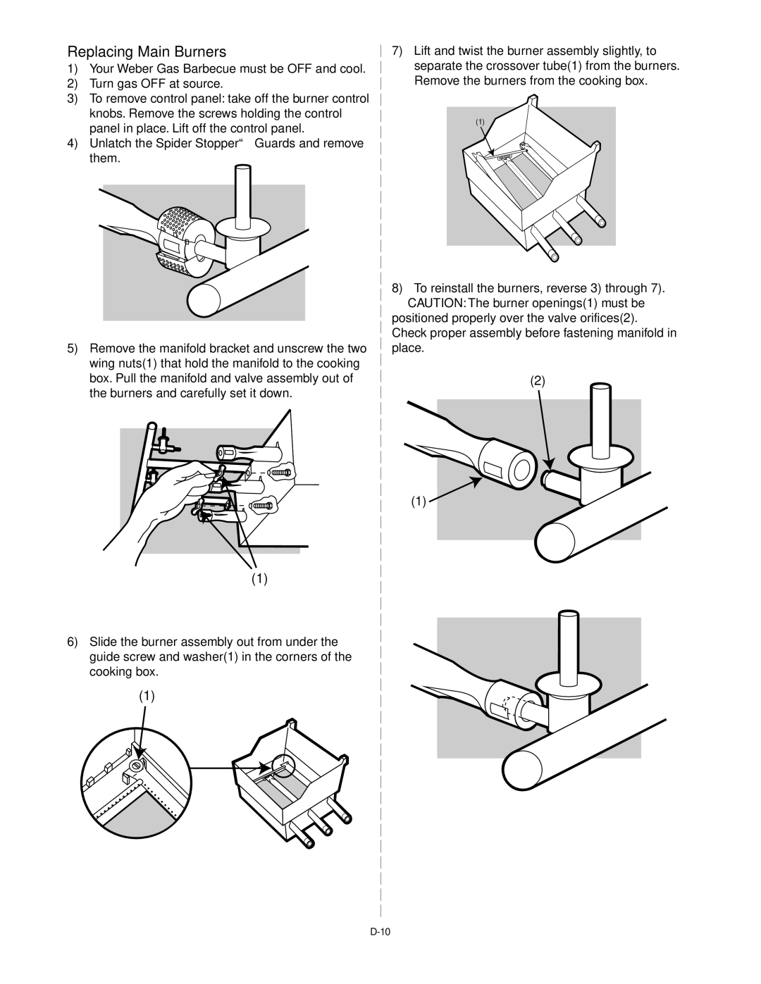 Weber Liquid Propane Grill, 55052 0100 manual Replacing Main Burners 