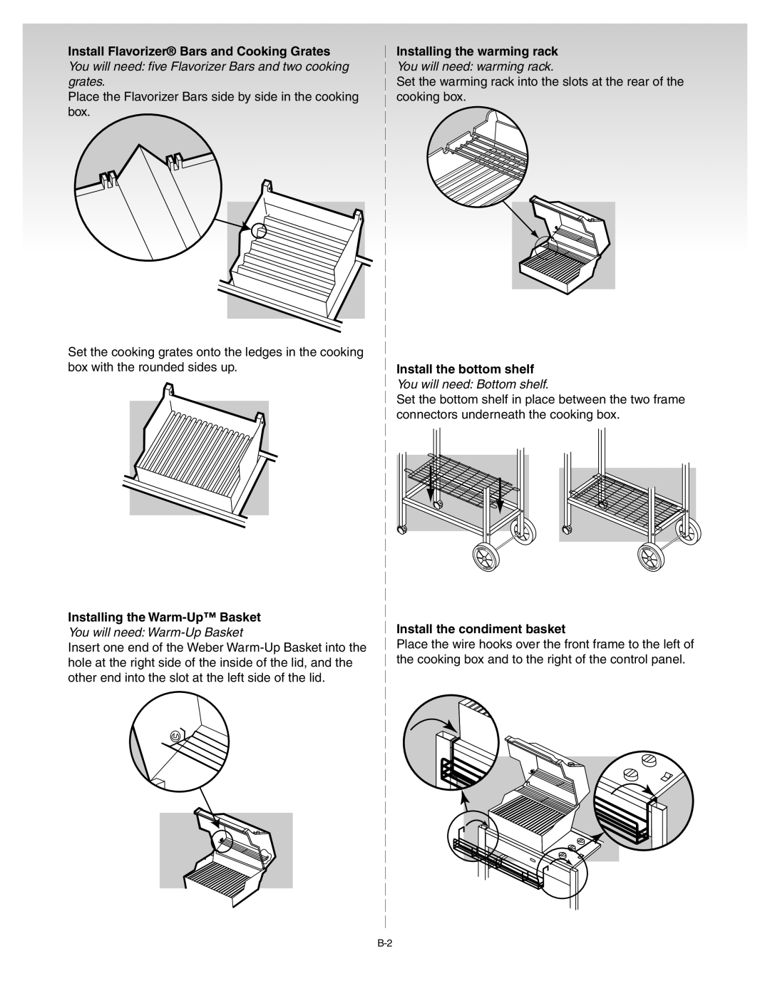 Weber 55062 manual Installing the Warm-Up Basket, Installing the warming rack, Install the bottom shelf 