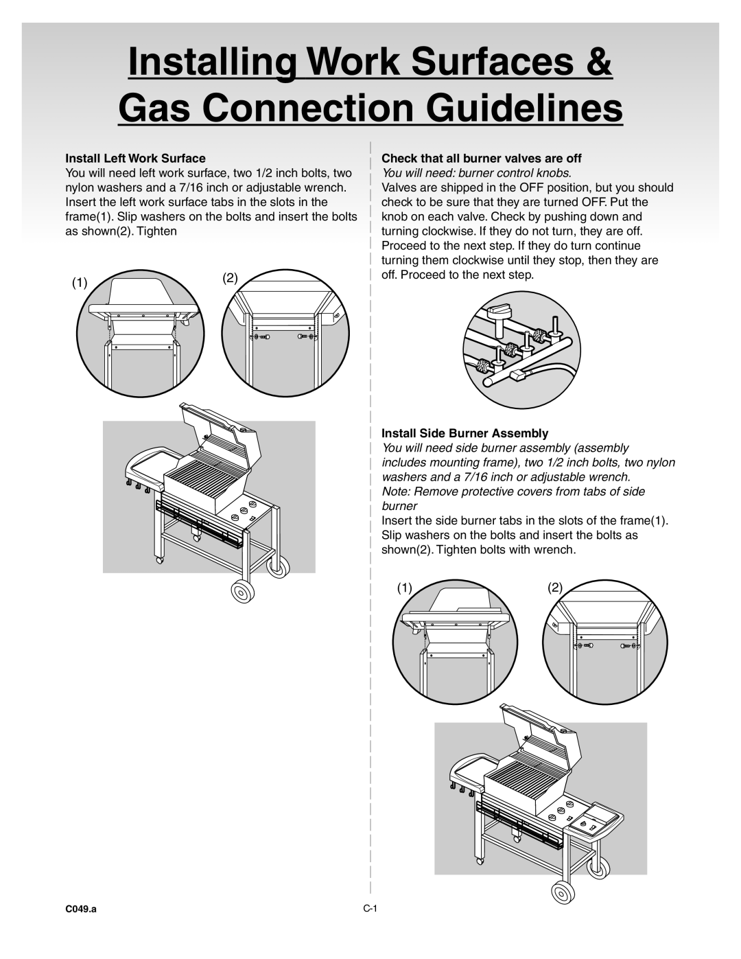 Weber 55062 manual Install Left Work Surface, Check that all burner valves are off, Install Side Burner Assembly 