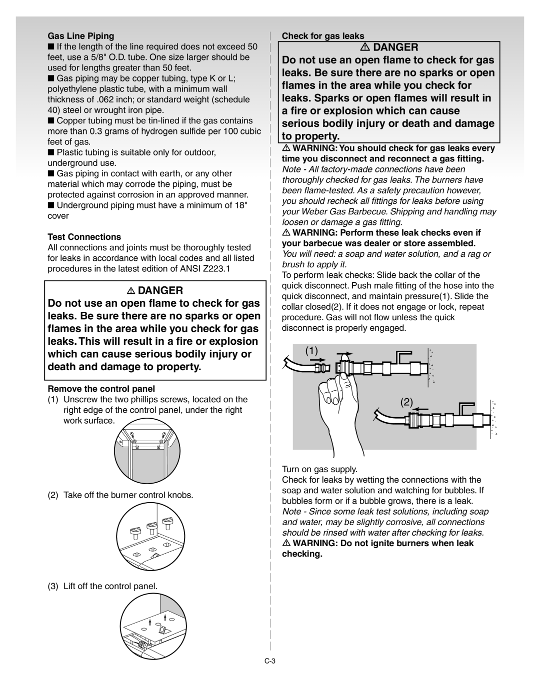 Weber 55062 manual Gas Line Piping, Test Connections, Remove the control panel, Check for gas leaks 