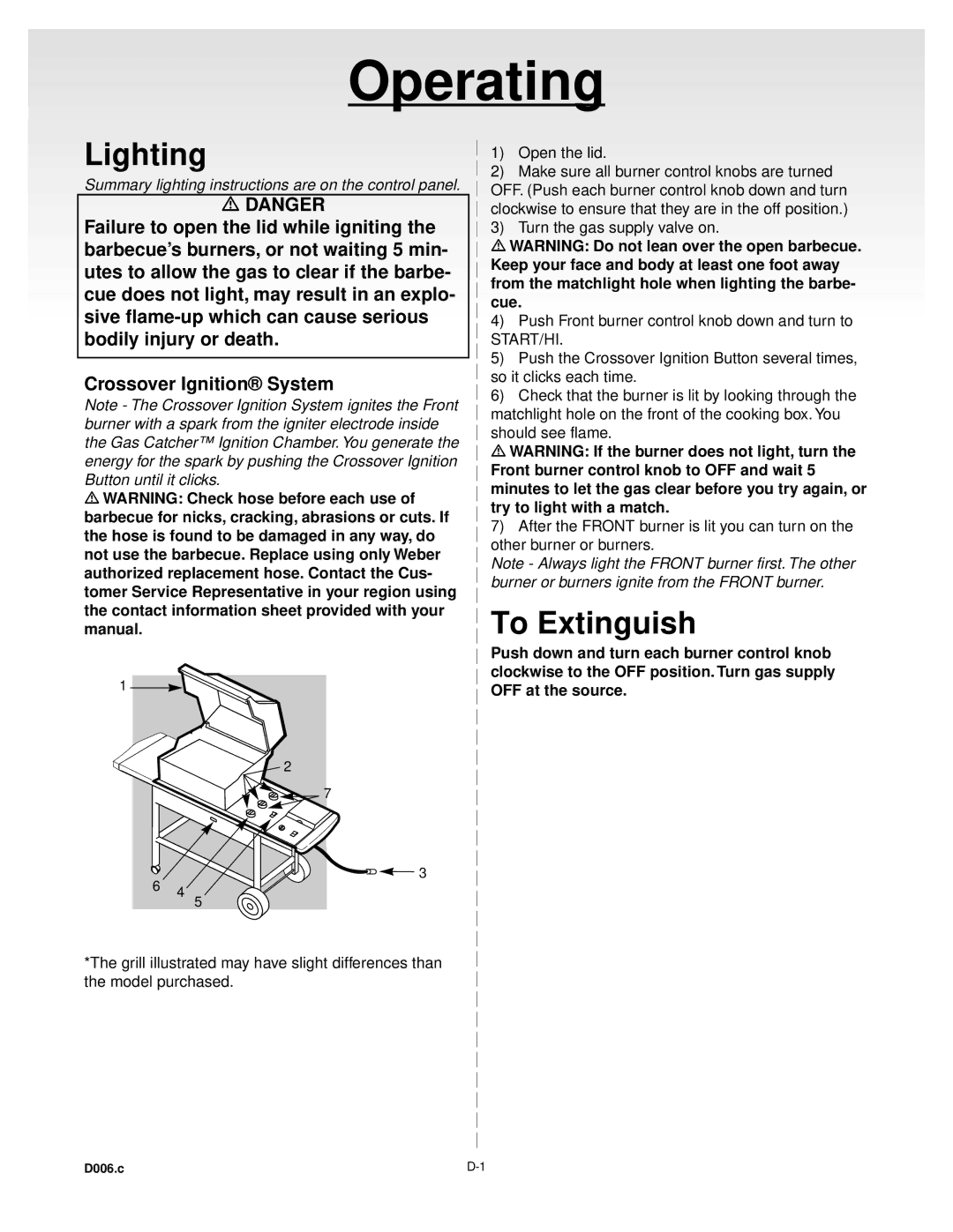 Weber 55062 manual Lighting, To Extinguish 