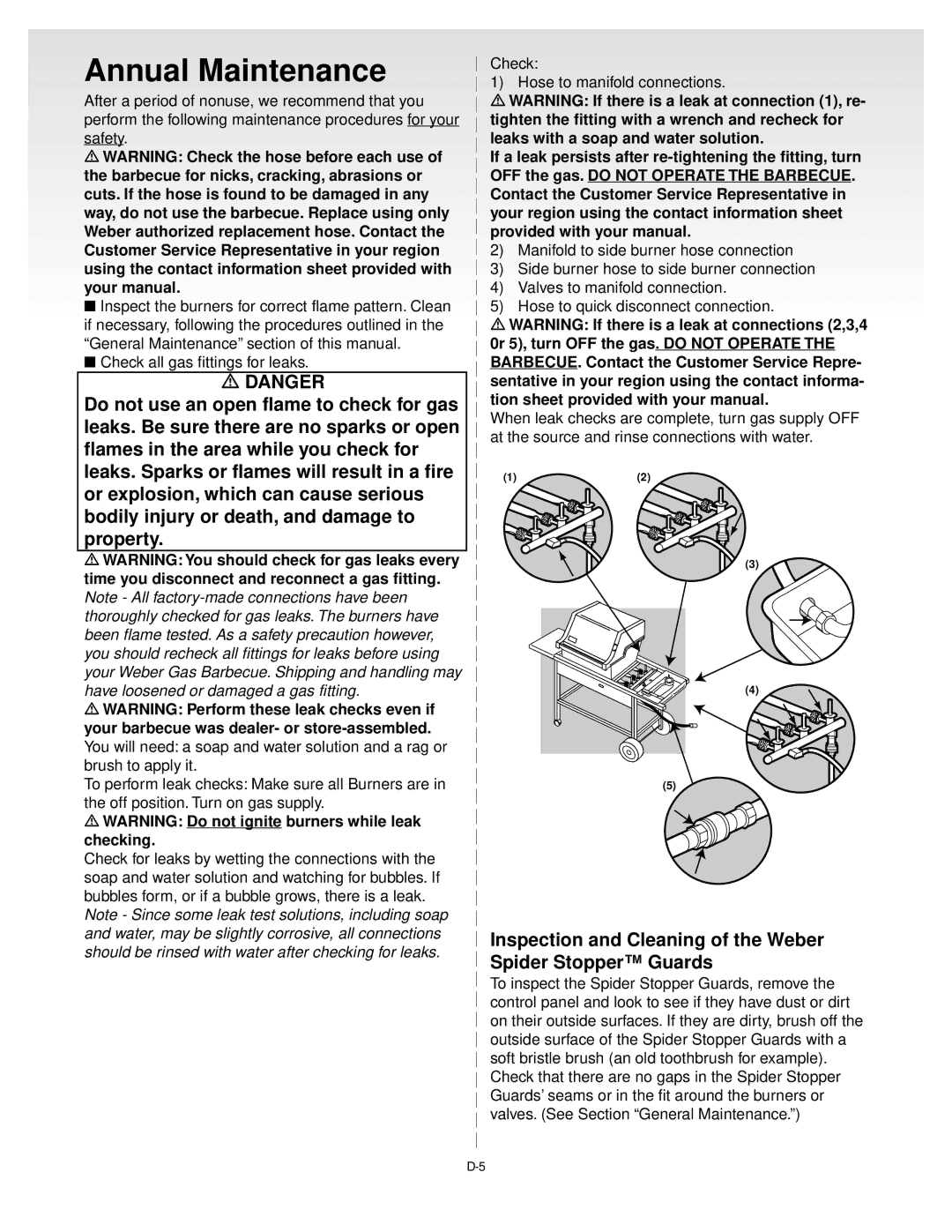 Weber 55062 manual Annual Maintenance, Inspection and Cleaning of the Weber Spider Stopper Guards 