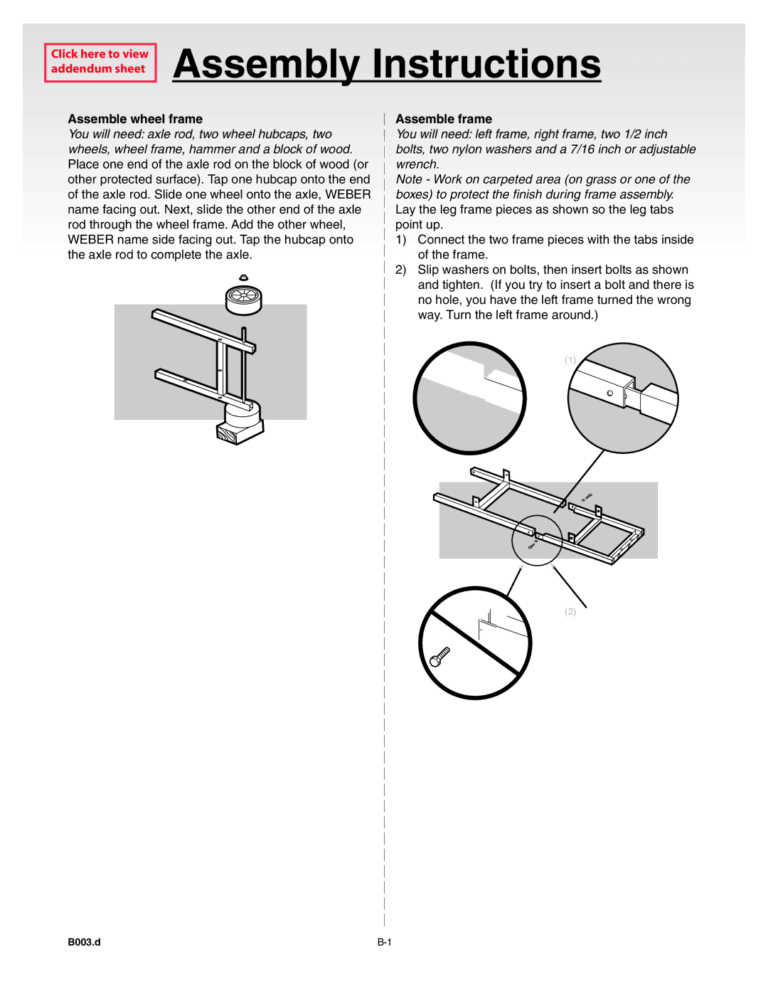 Weber 55143 manual Assemble wheel frame, Assemble frame 