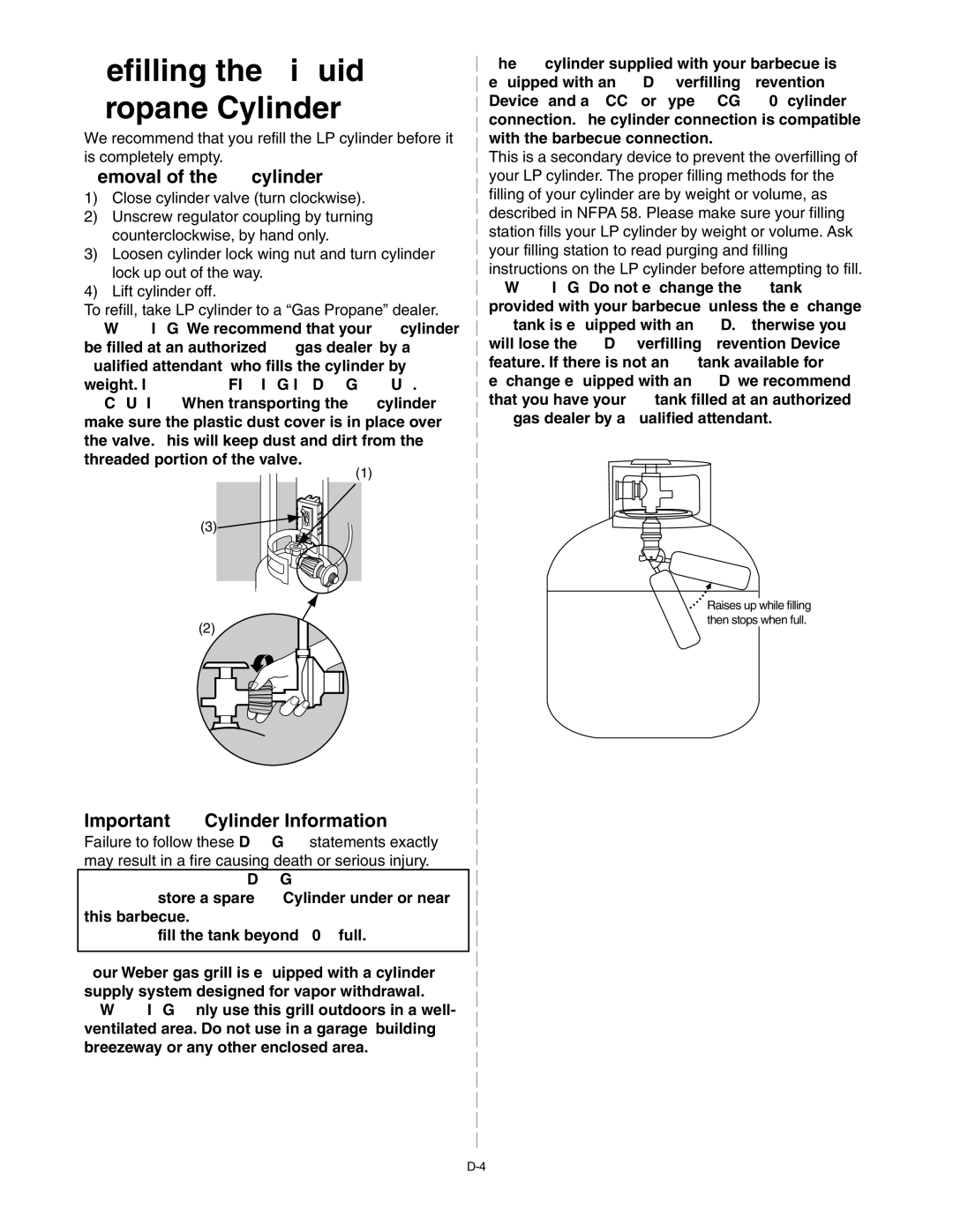 Weber 55143 manual Refilling the Liquid Propane Cylinder, Removal of the LP cylinder, Important LP Cylinder Information 