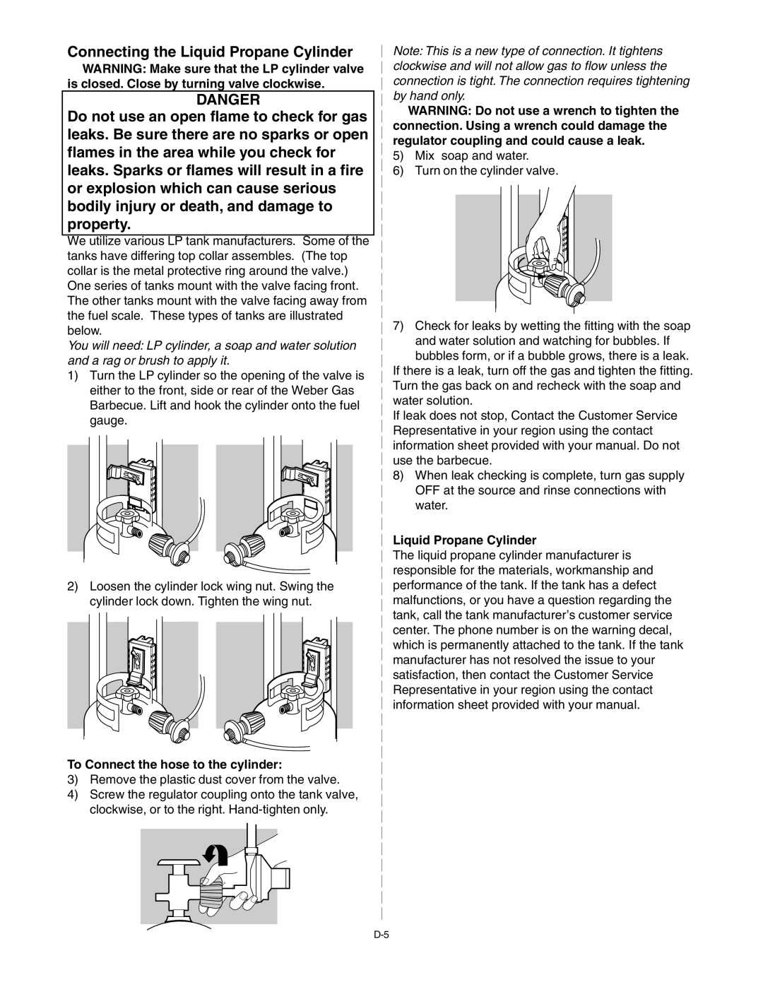 Weber 55143 manual To Connect the hose to the cylinder, Liquid Propane Cylinder 