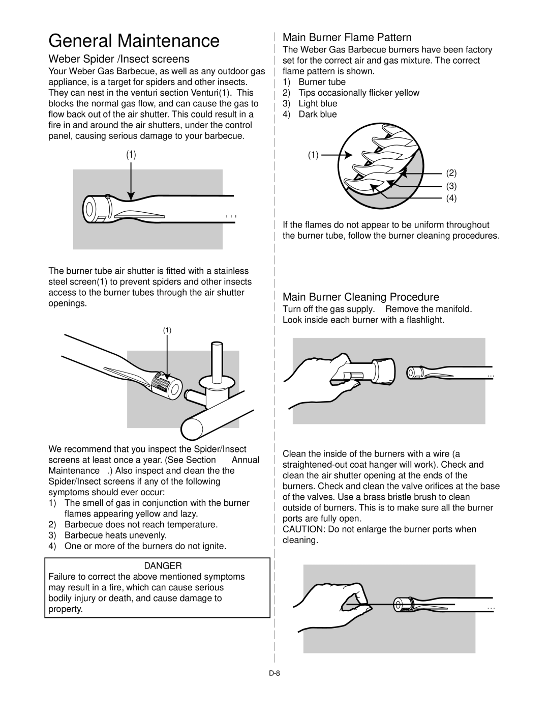 Weber 55143 General Maintenance, Weber Spider /Insect screens, Main Burner Flame Pattern, Main Burner Cleaning Procedure 