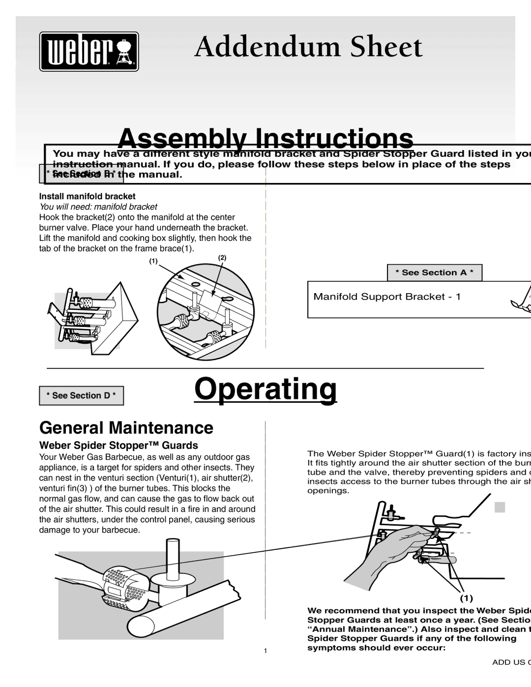 Weber 55143 manual Weber Spider Stopper Guards, See Section B Install manifold bracket, See Section a, See Section D 