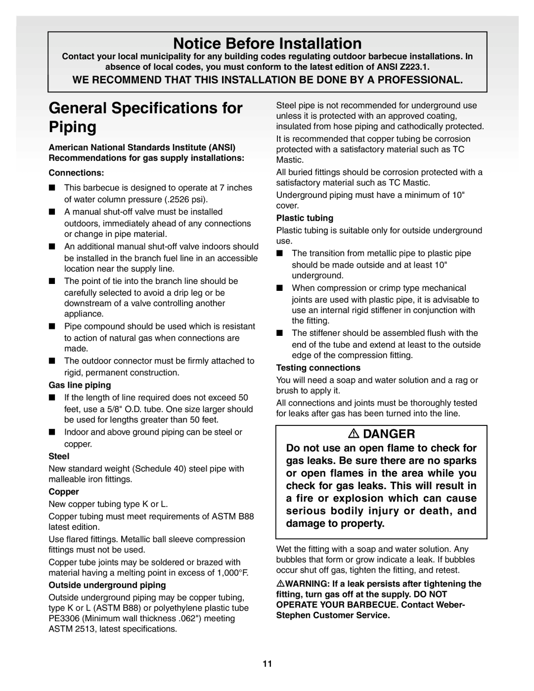 Weber Genesis Silver B Gas Grill, 55159 manual General Specifications for Piping 