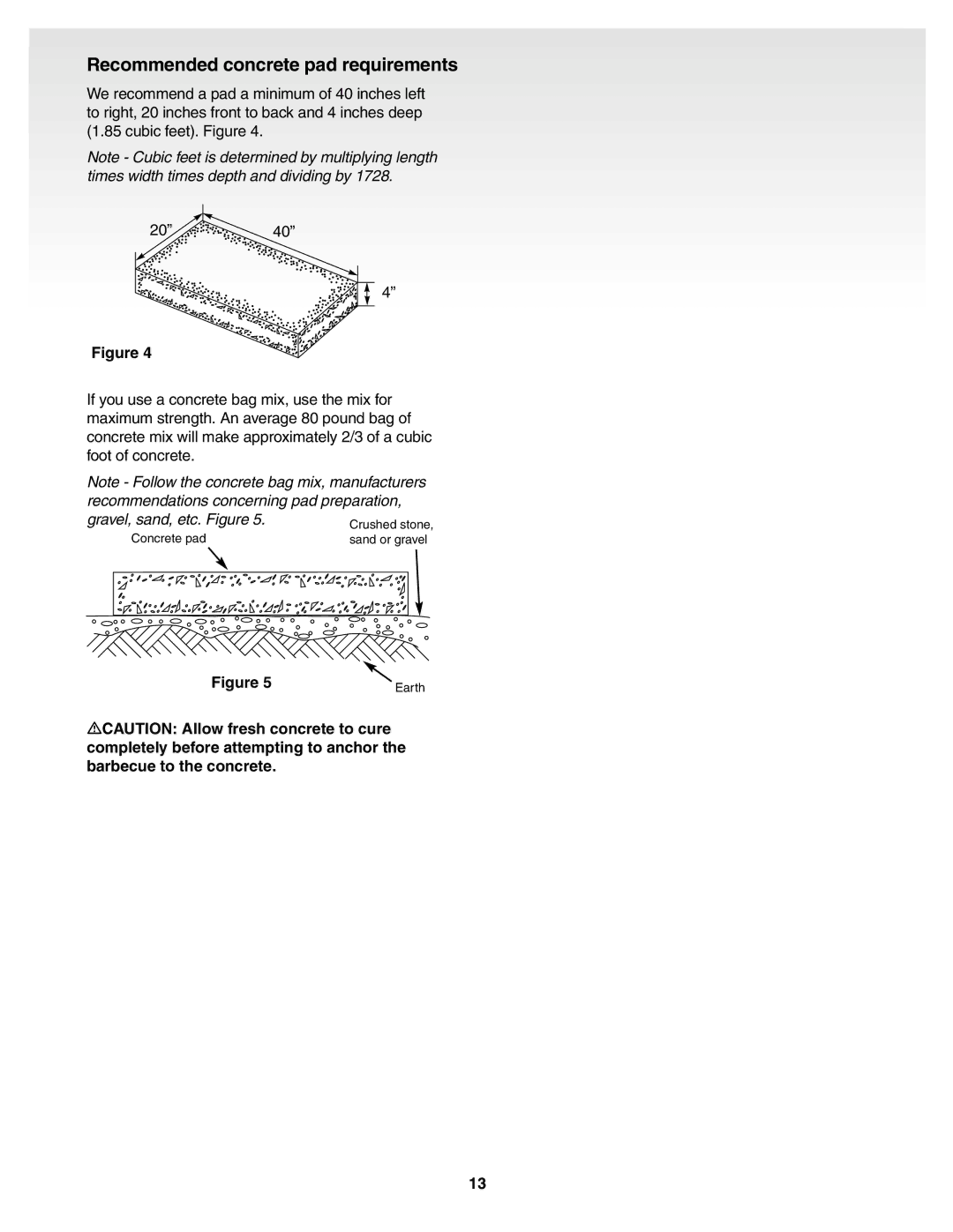 Weber Genesis Silver B Gas Grill, 55159 manual Recommended concrete pad requirements 