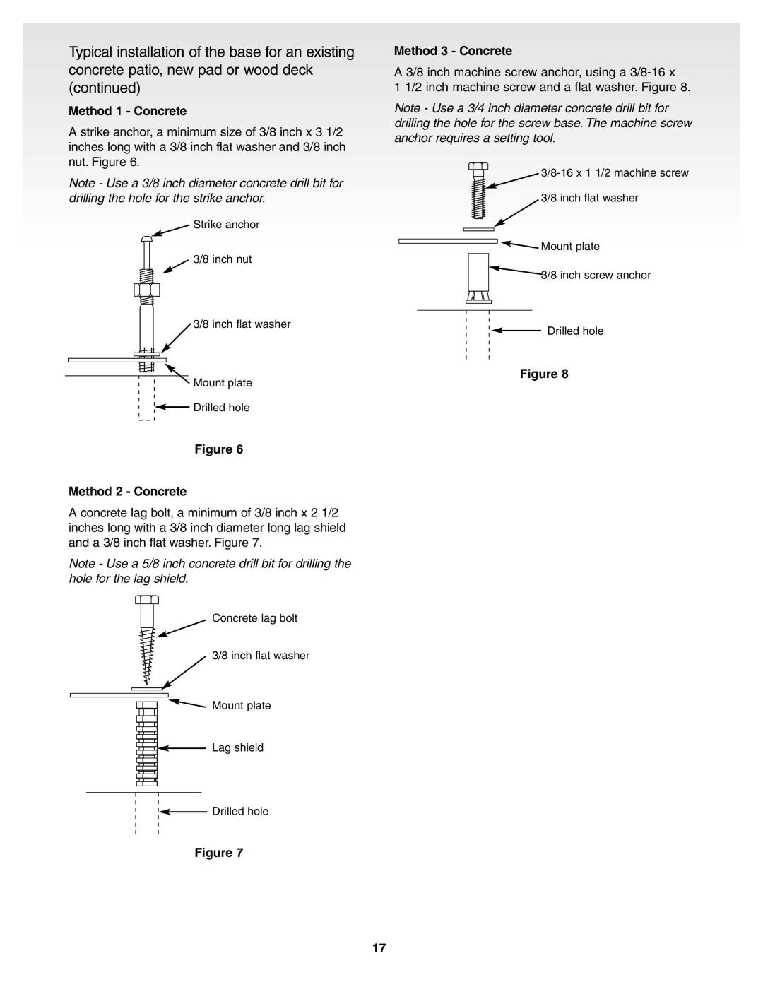 Weber Genesis Silver B Gas Grill, 55159 manual Method 1 Concrete, Method 2 Concrete, Method 3 Concrete 