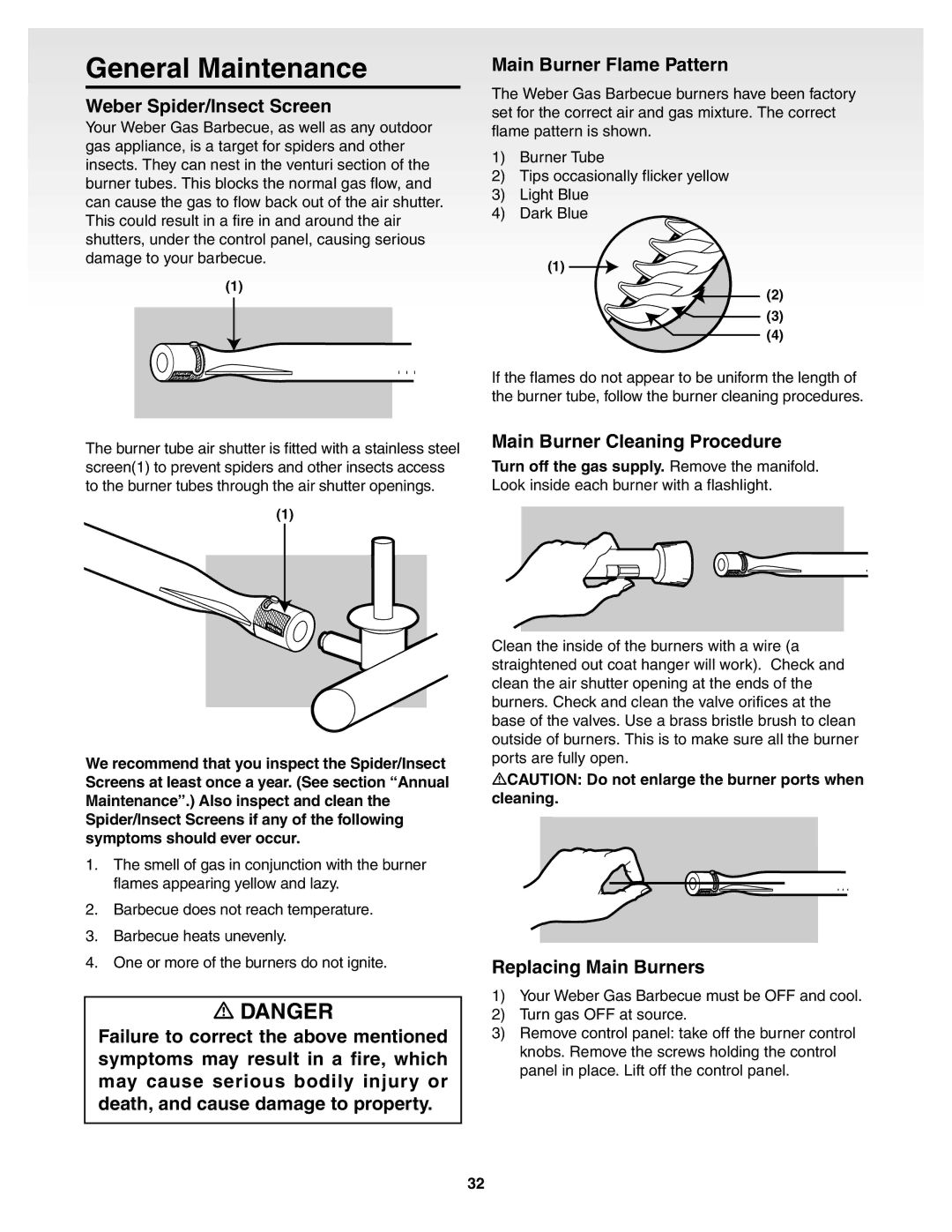 Weber 55159 manual General Maintenance, Weber Spider/Insect Screen, Main Burner Cleaning Procedure, Replacing Main Burners 