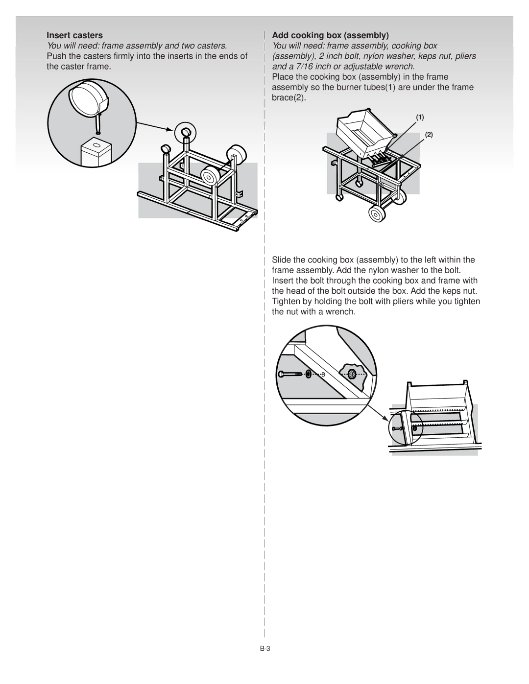 Weber 55204 manual Insert casters Add cooking box assembly 