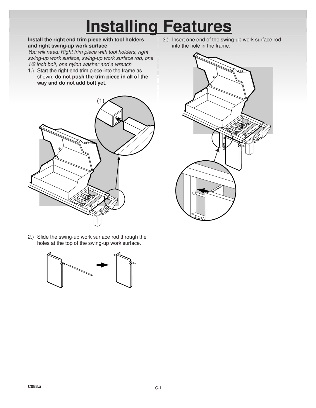 Weber 55204 manual Install the right end trim piece with tool holders, Right swing-up work surface 