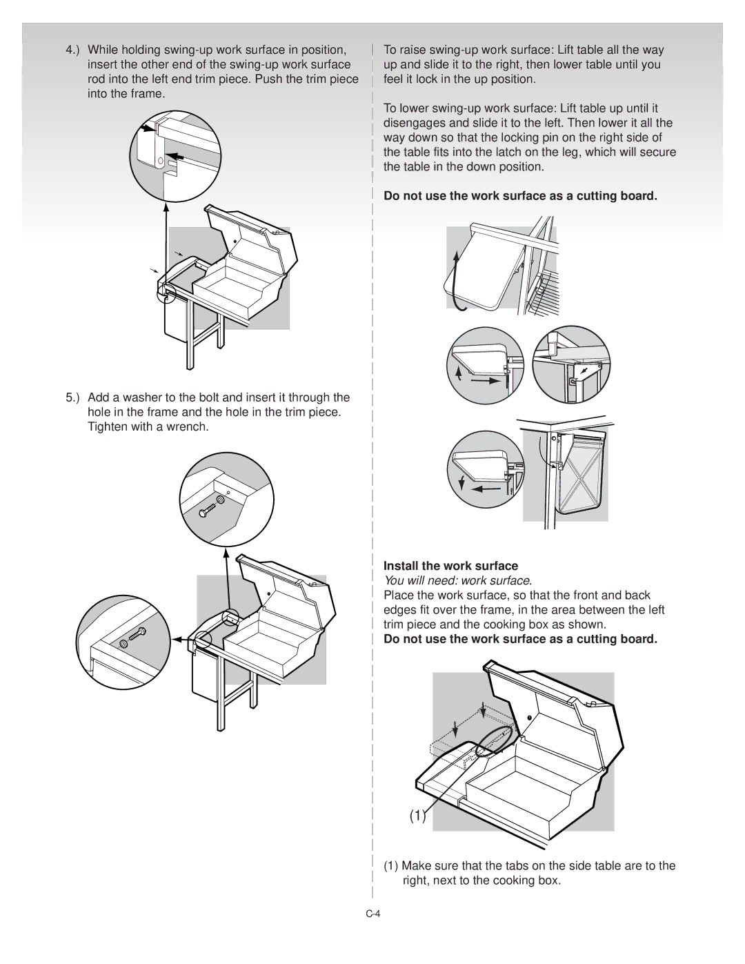 Weber 55204 manual Do not use the work surface as a cutting board, Install the work surface, You will need work surface 