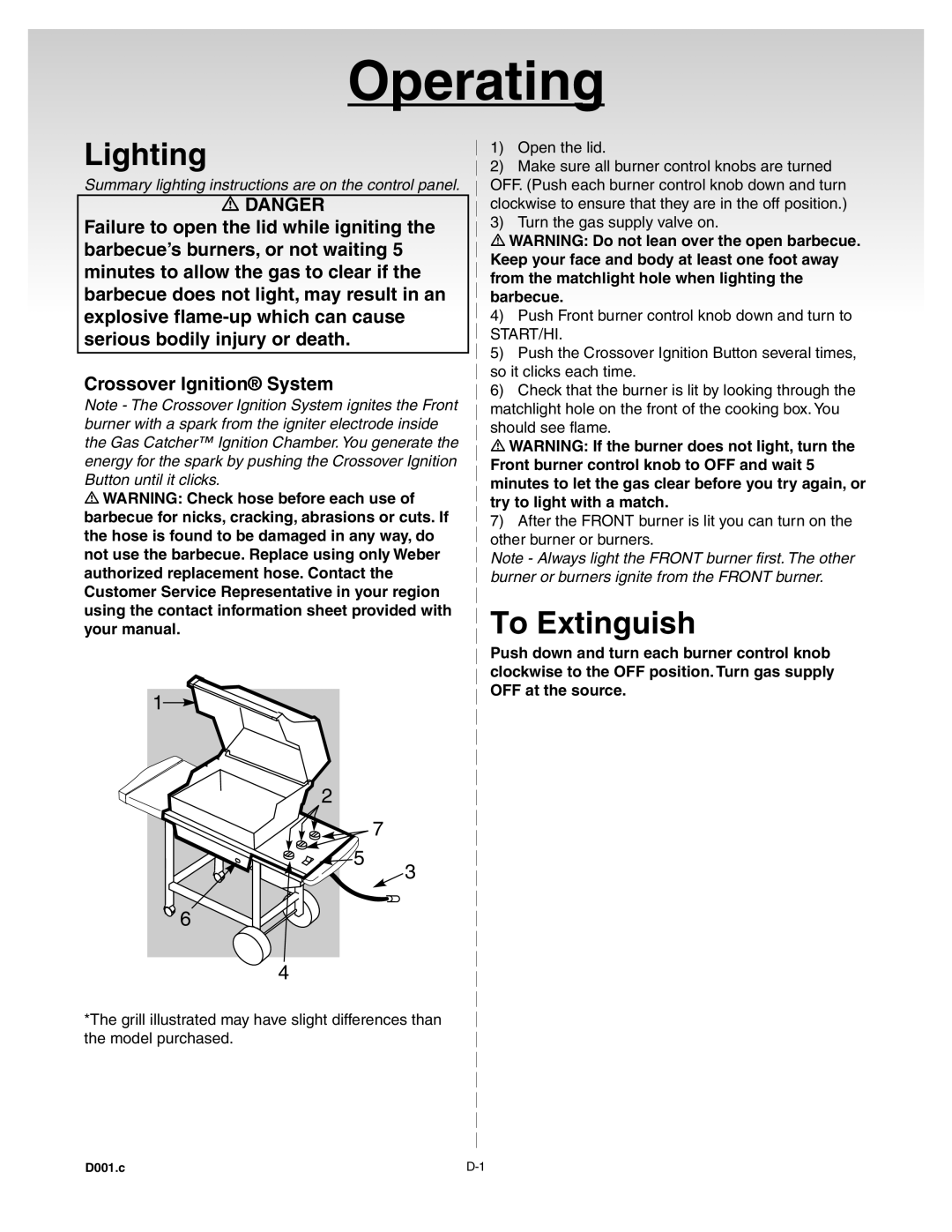 Weber 55204 manual Lighting, To Extinguish, Summary lighting instructions are on the control panel 