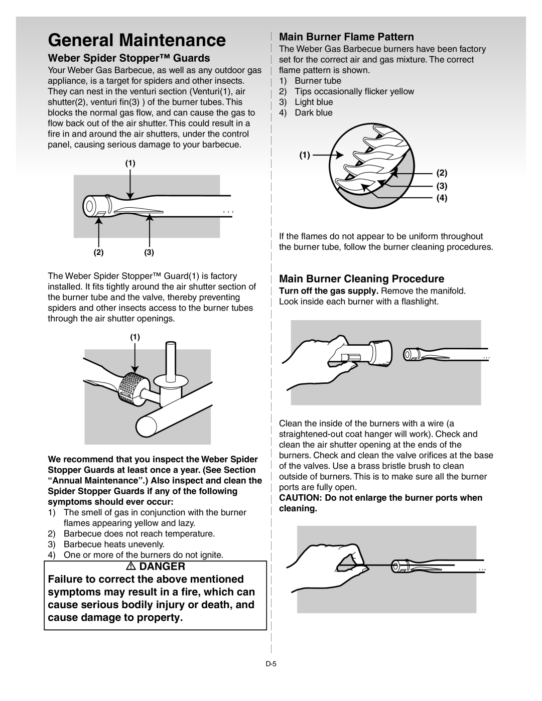 Weber 55204 manual General Maintenance, Weber Spider Stopper Guards, Main Burner Cleaning Procedure 