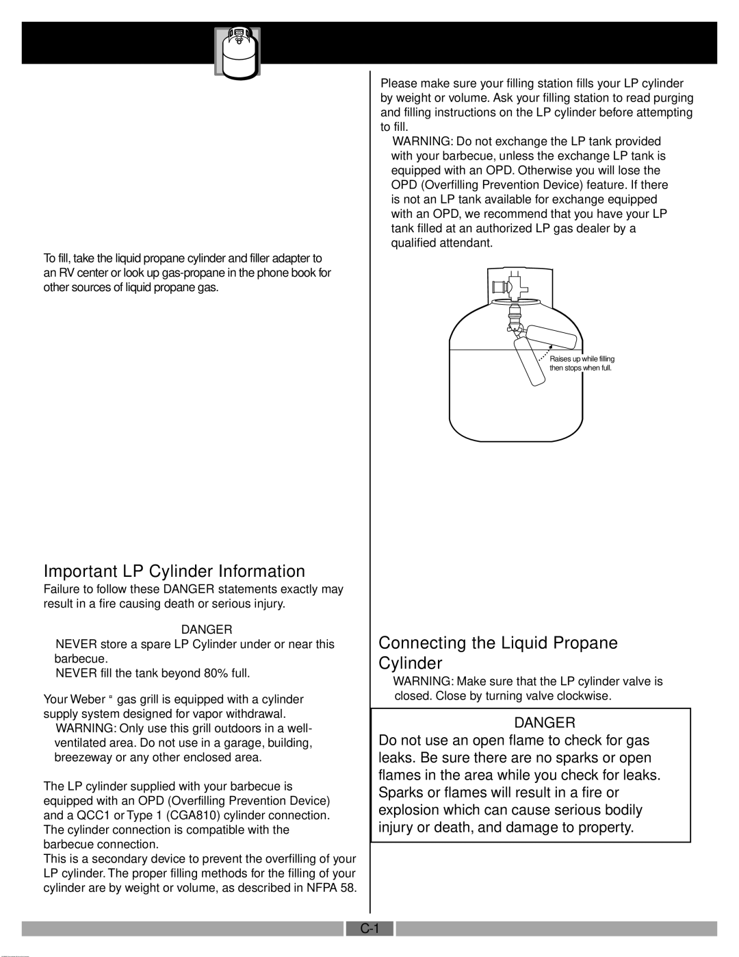 Weber 55249 manual Gas Instructions, Important LP Cylinder Information, Connecting the Liquid Propane 