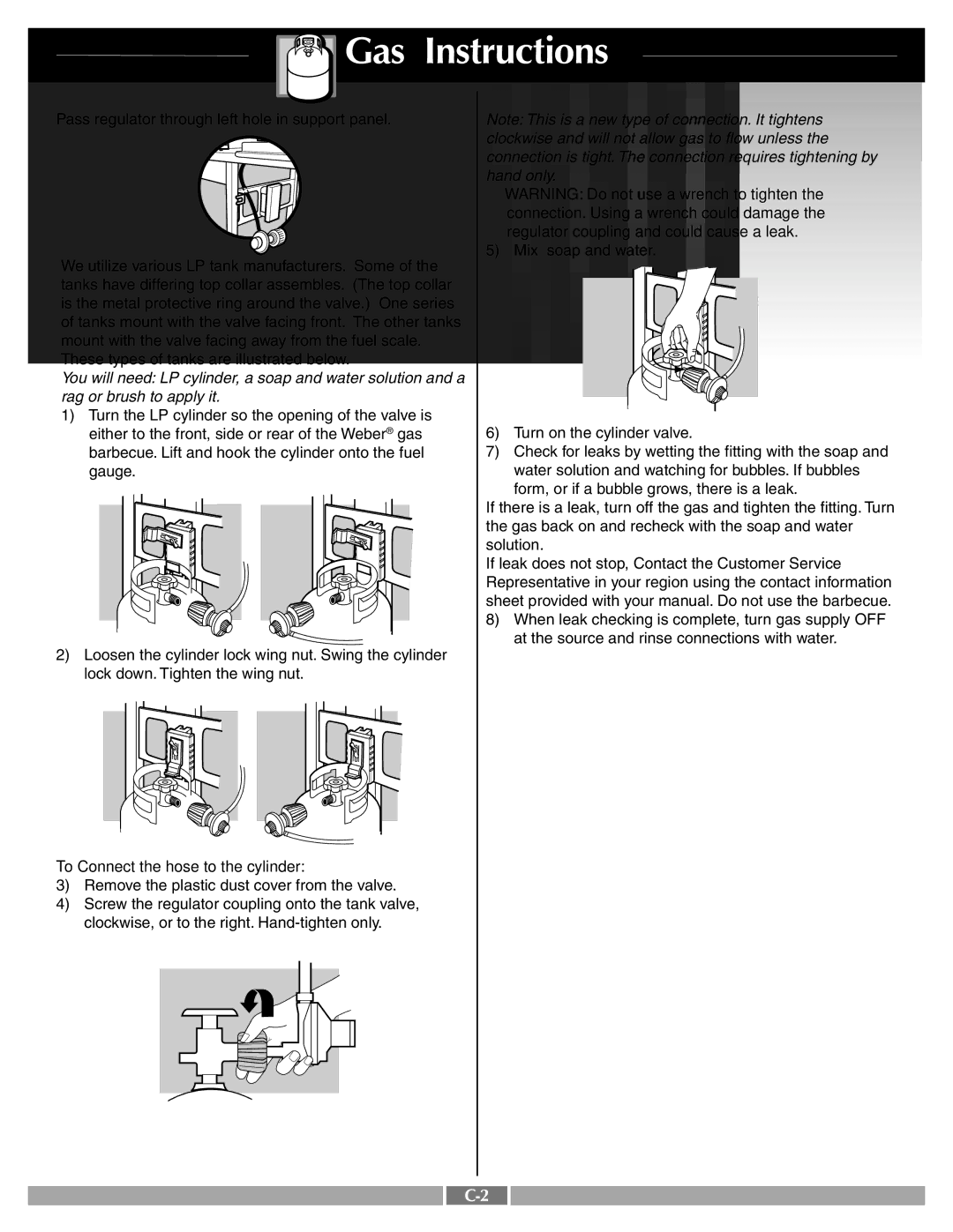 Weber 55249 manual Connection. Using a wrench could damage, Regulator coupling and could cause a leak 