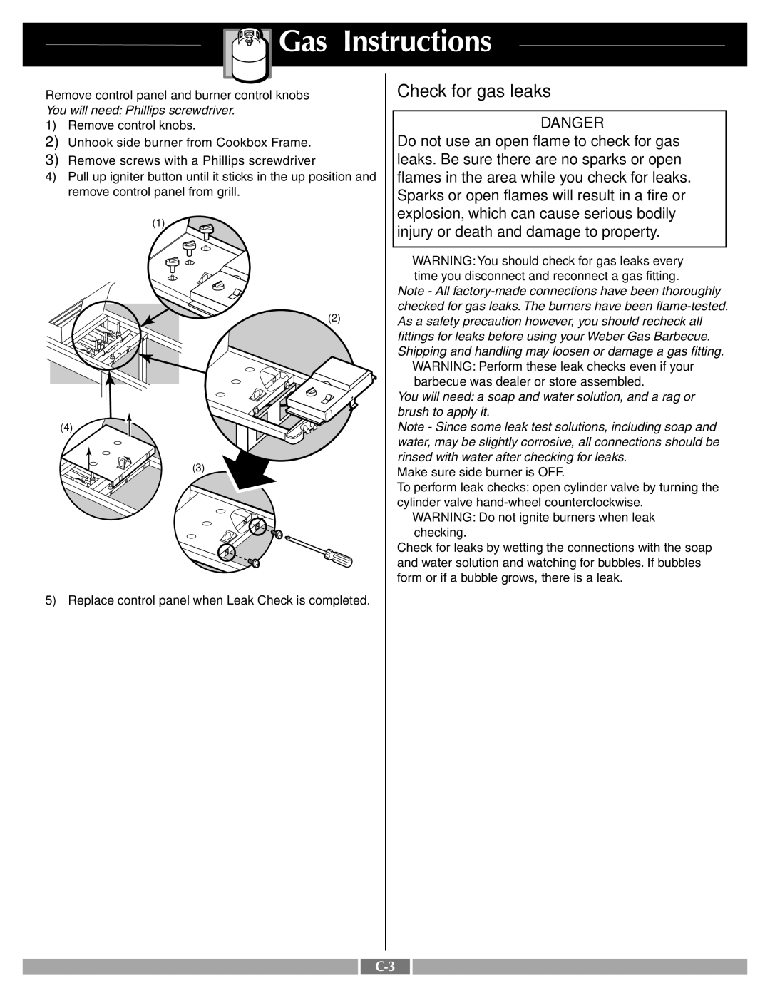 Weber 55249 manual Check for gas leaks 