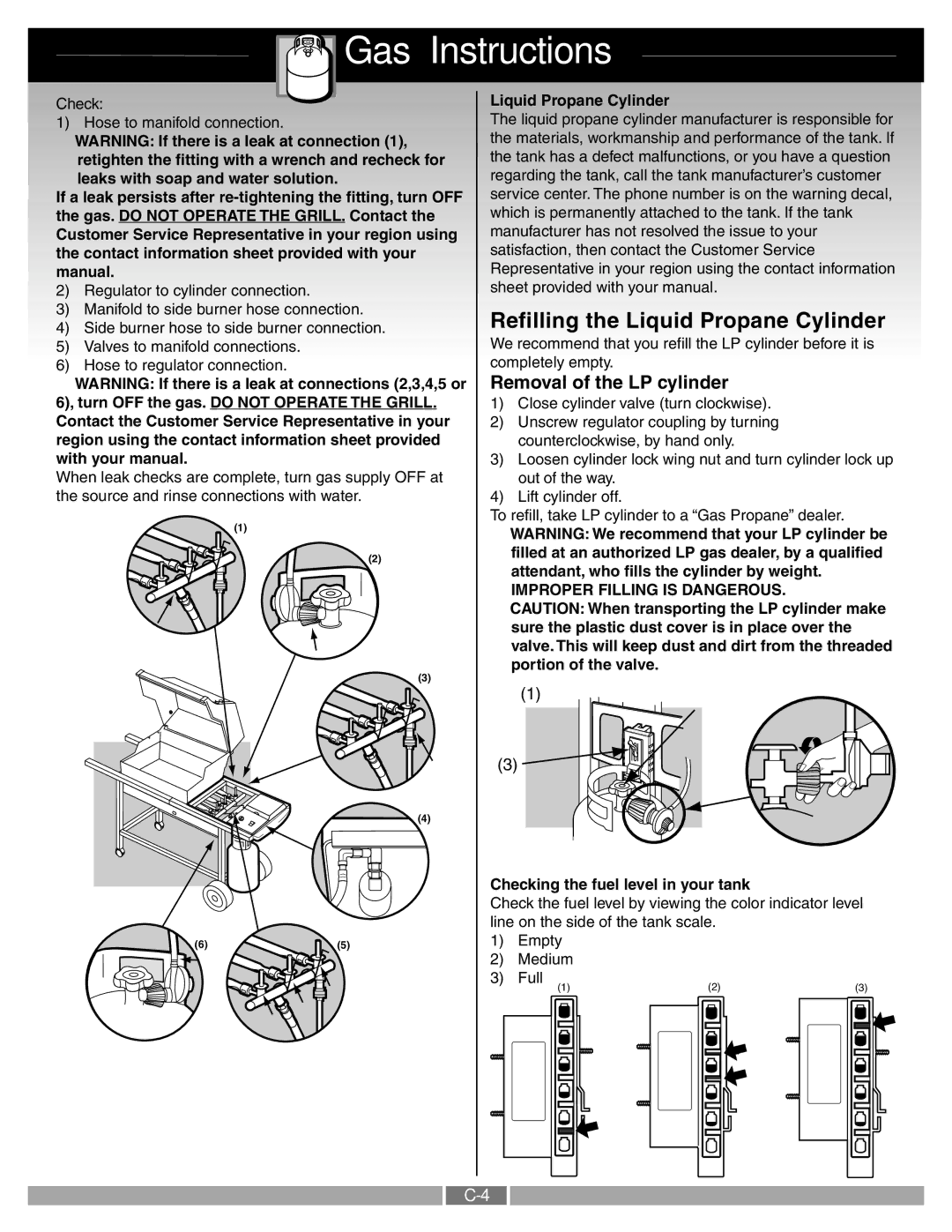 Weber 55249 manual Refilling the Liquid Propane Cylinder, Removal of the LP cylinder, Checking the fuel level in your tank 