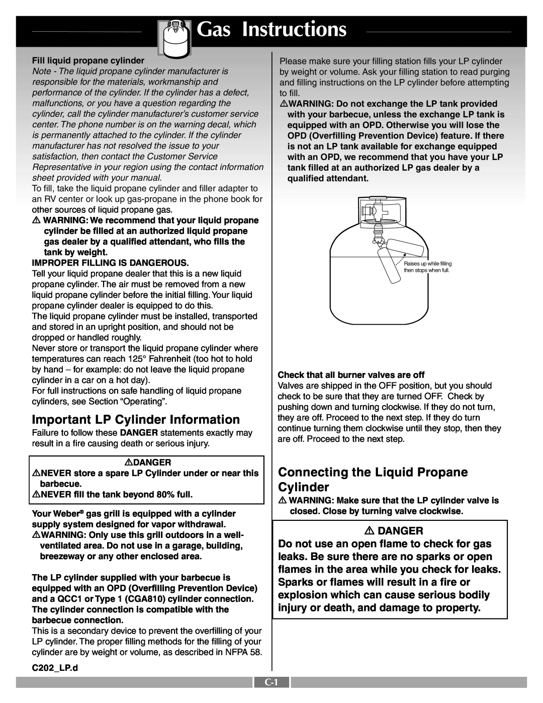 Weber 55249 manual Gas Instructions, Important LP Cylinder Information, Connecting the Liquid Propane, Danger 
