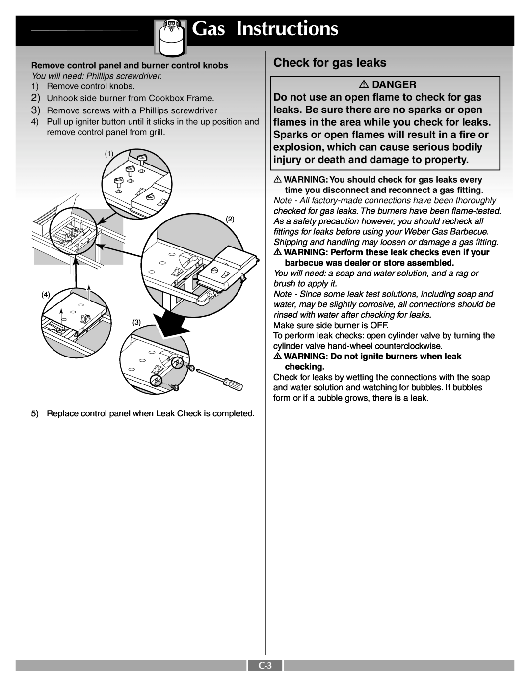 Weber 55249 Gas Instructions, Check for gas leaks, Danger, Do not use an open flame to check for gas, Remove control knobs 