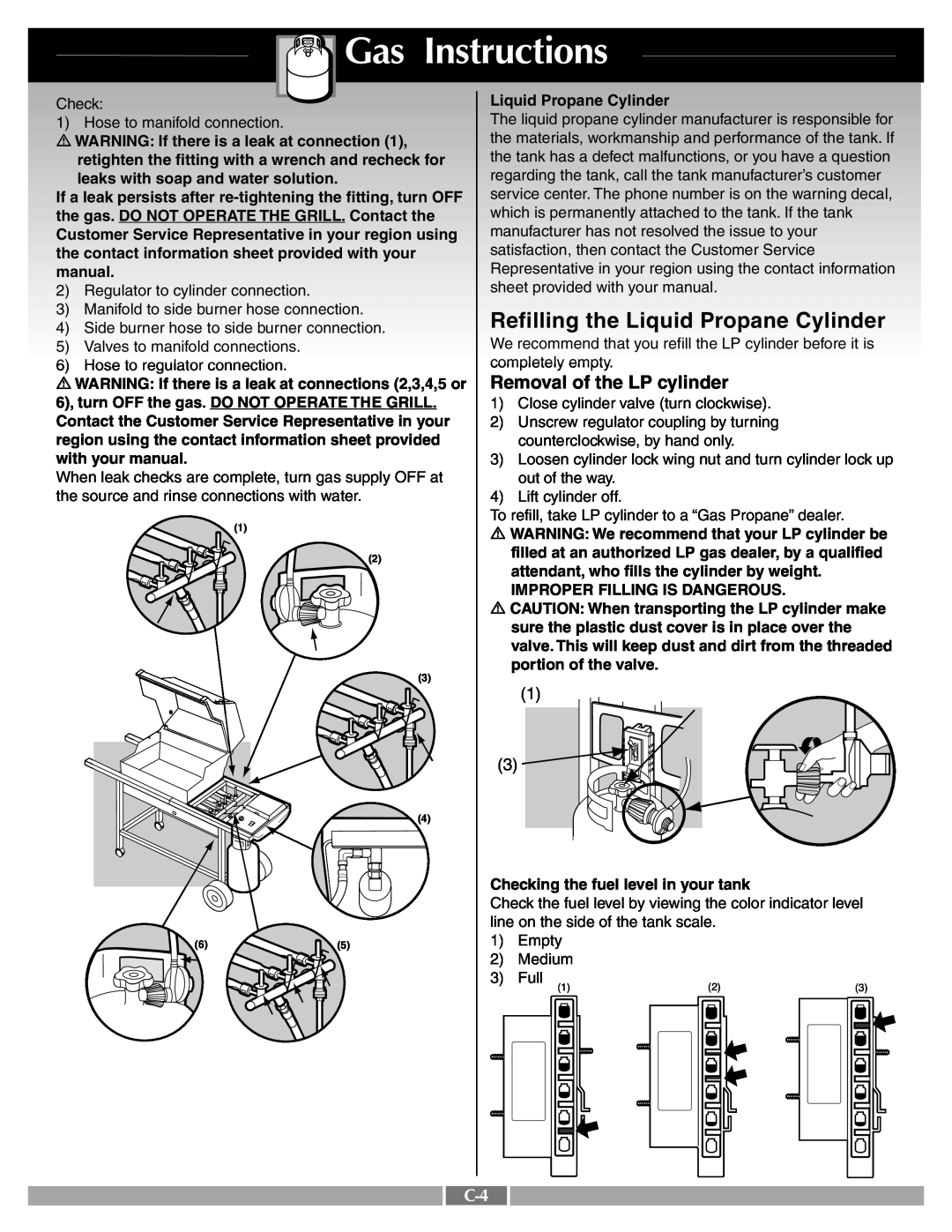 Weber 55249 manual Refilling the Liquid Propane Cylinder, Removal of the LP cylinder, Gas Instructions 