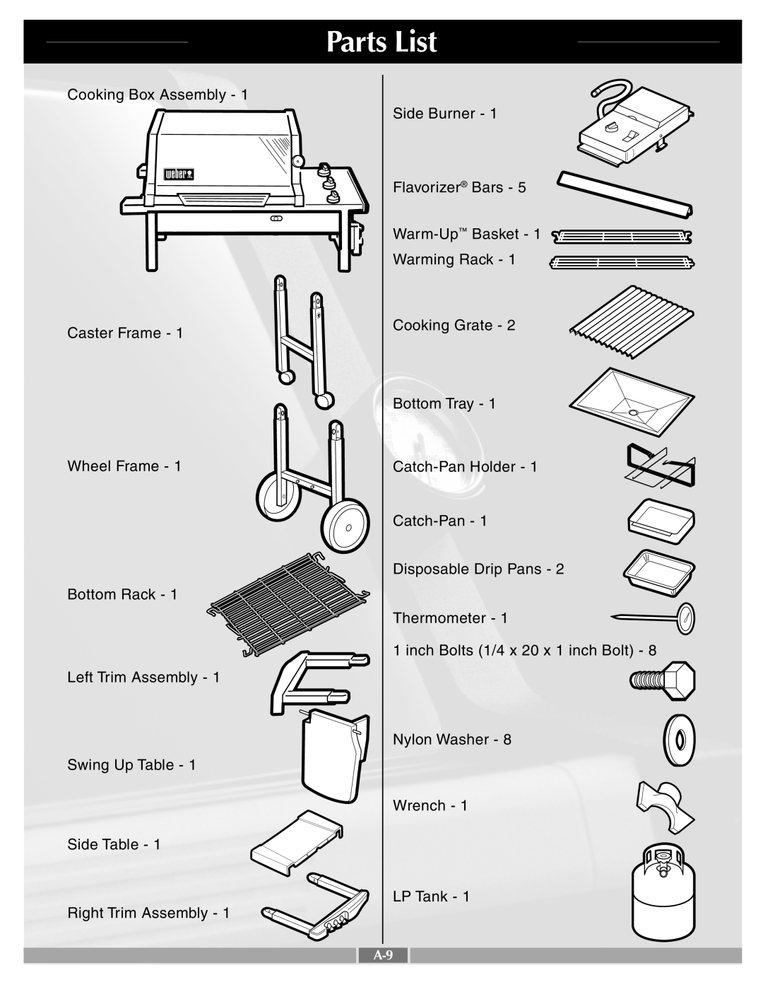 Weber 55249 manual Parts List, Cooking Box Assembly Caster Frame Wheel Frame Bottom Rack, Wrench LP Tank 
