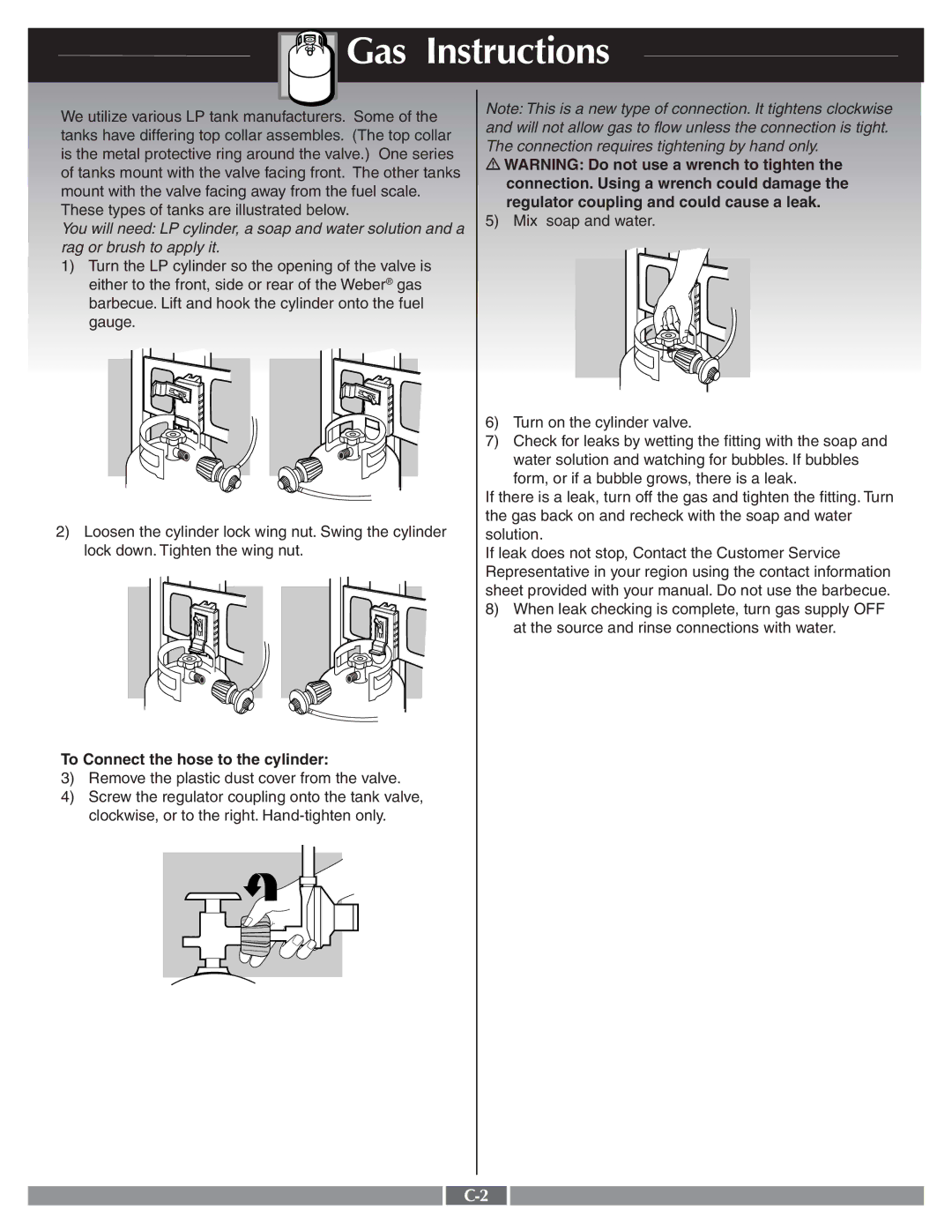 Weber 55258 manual Connection. Using a wrench could damage, Regulator coupling and could cause a leak 