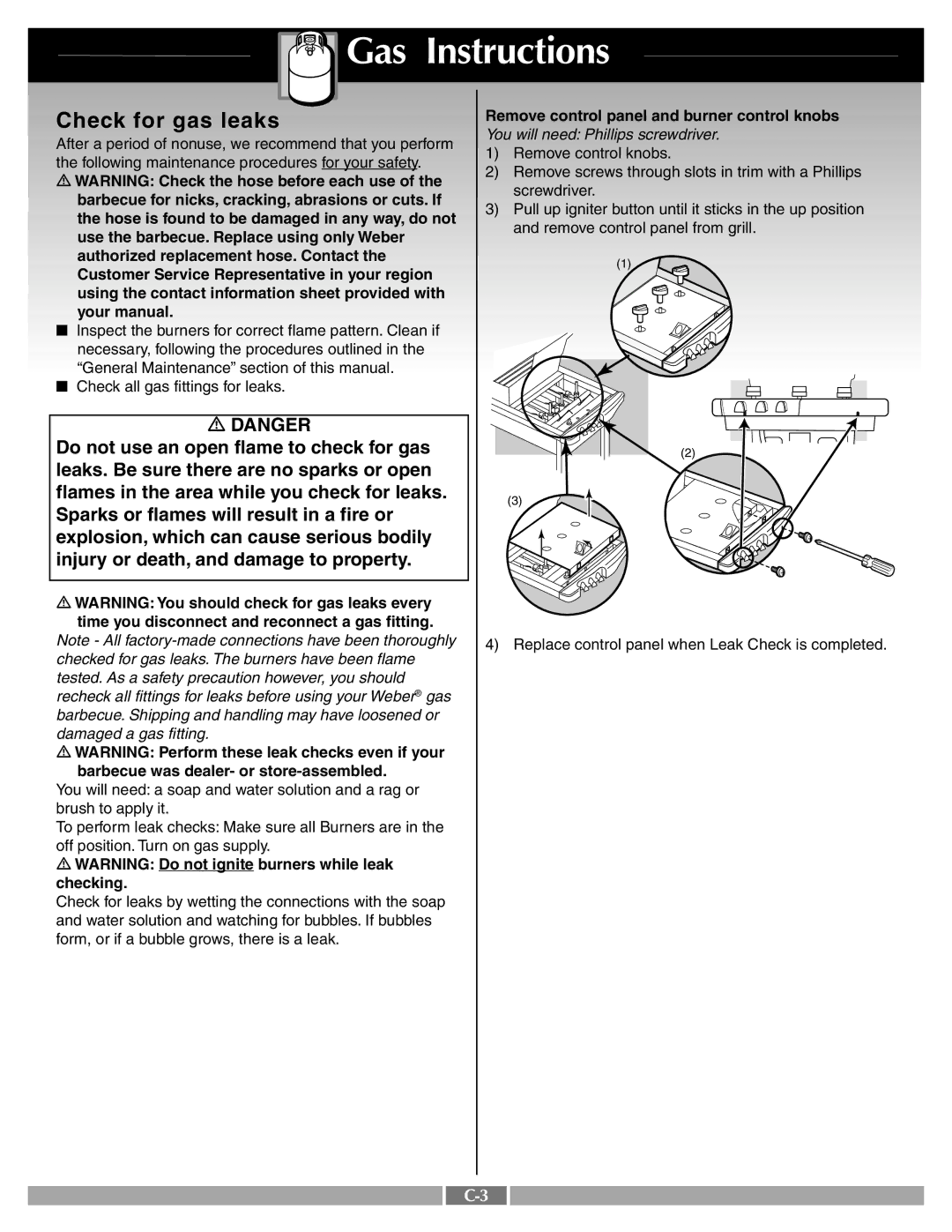 Weber 55259 manual Check for gas leaks 