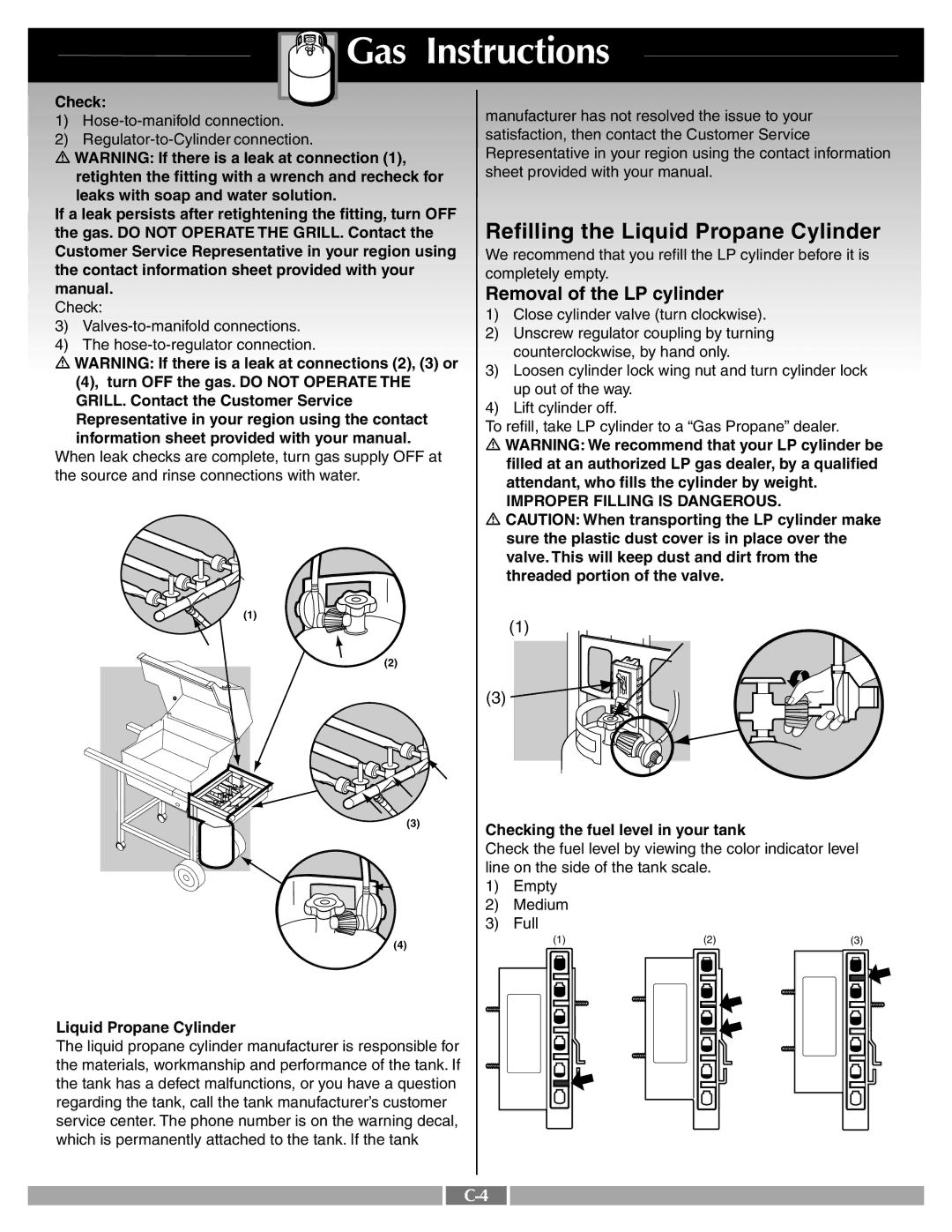 Weber 55259 manual Refilling the Liquid Propane Cylinder, Removal of the LP cylinder 