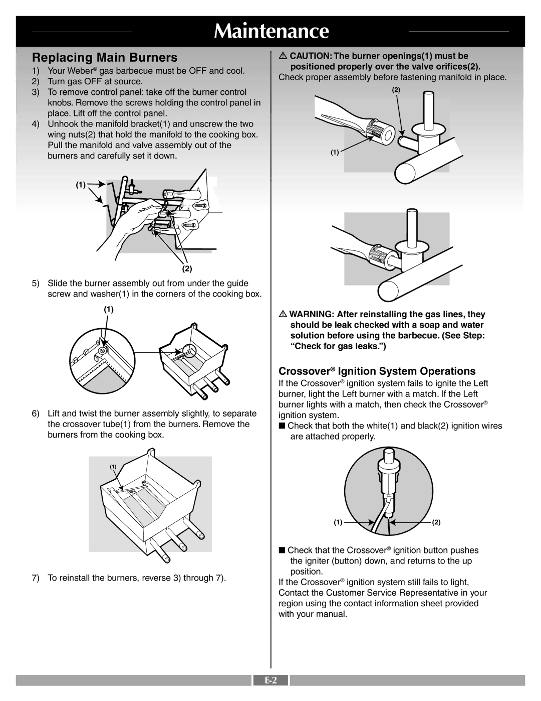 Weber 55259 manual Replacing Main Burners, Crossover Ignition System Operations 