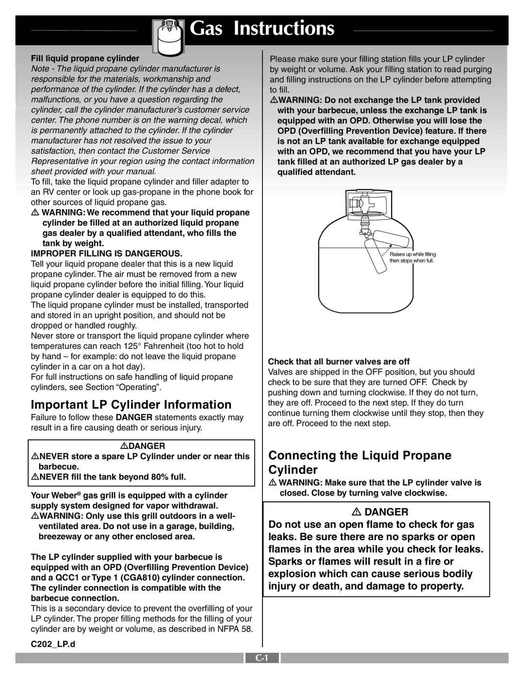 Weber 55260 manual Gas Instructions, Important LP Cylinder Information, Connecting the Liquid Propane 