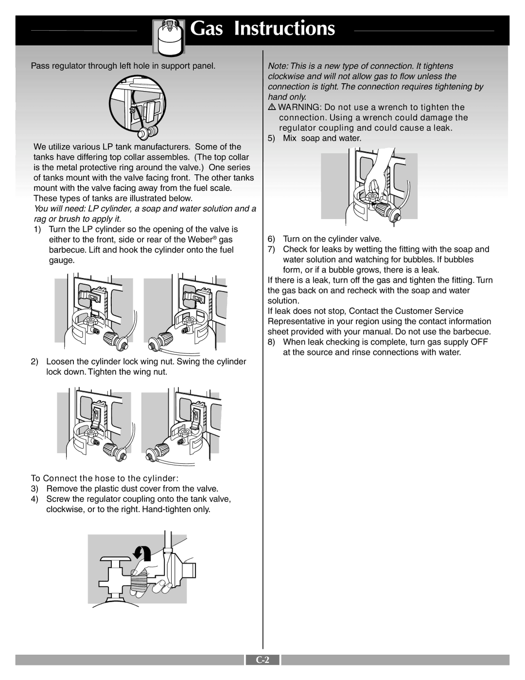 Weber 55260 manual Connection. Using a wrench could damage, Regulator coupling and could cause a leak 