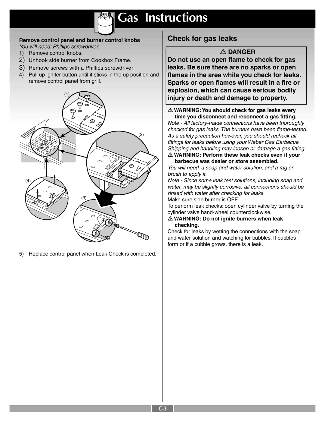 Weber 55260 manual Check for gas leaks 