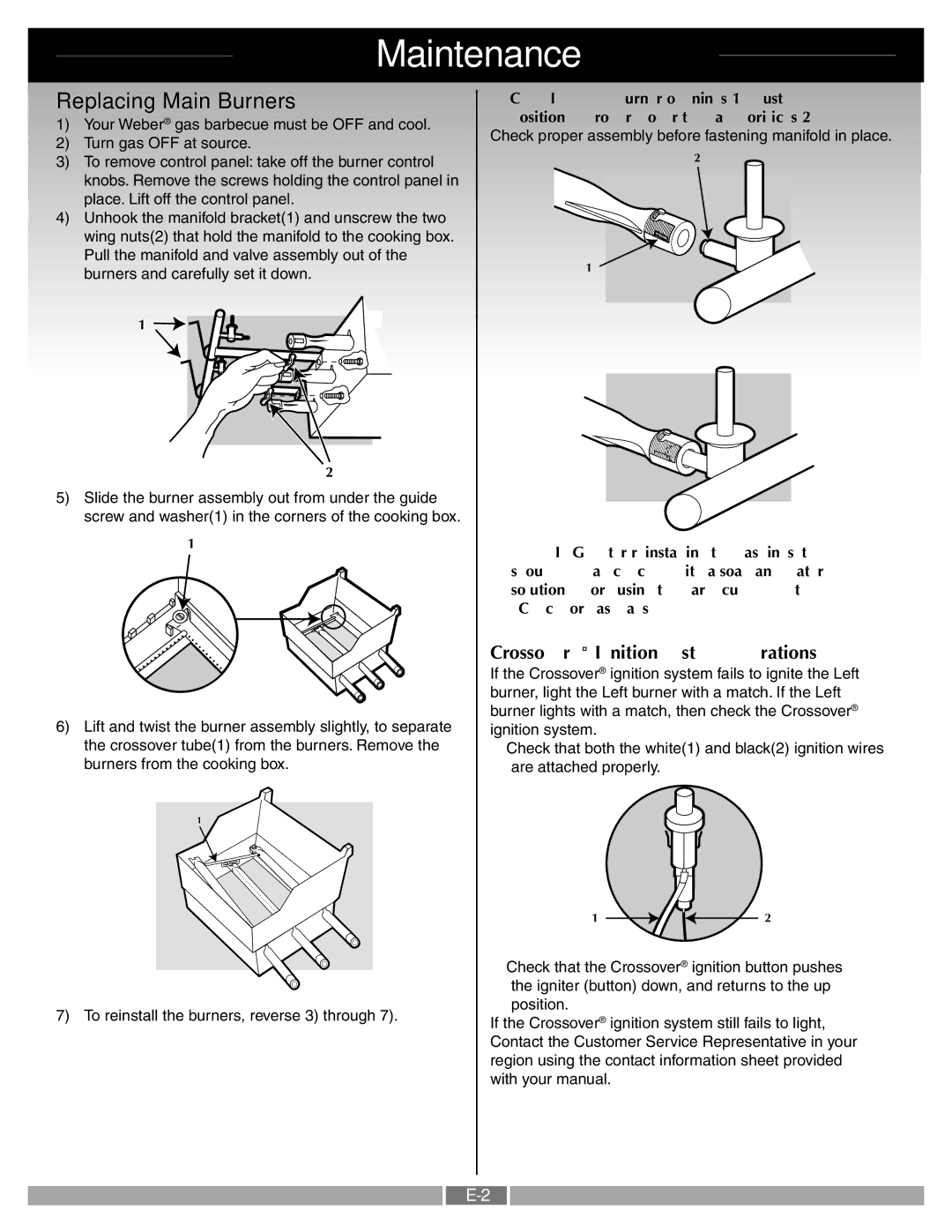 Weber 55260 manual Replacing Main Burners, Crossover Ignition System Operations 