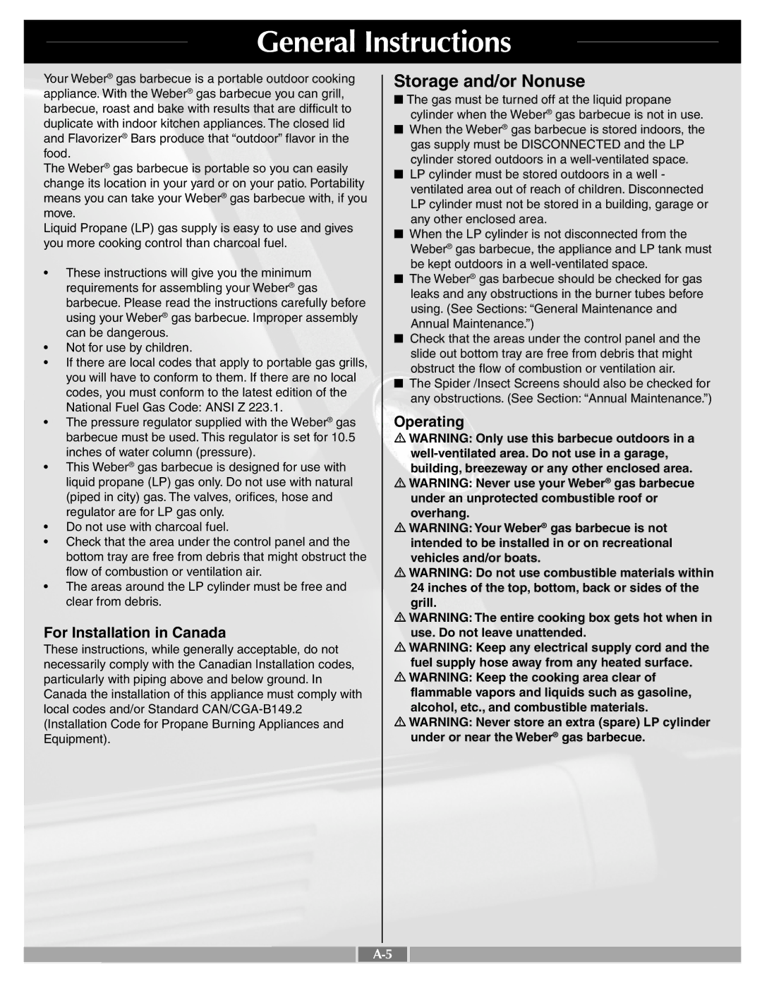 Weber 55260 manual General Instructions, Storage and/or Nonuse, For Installation in Canada, Operating 