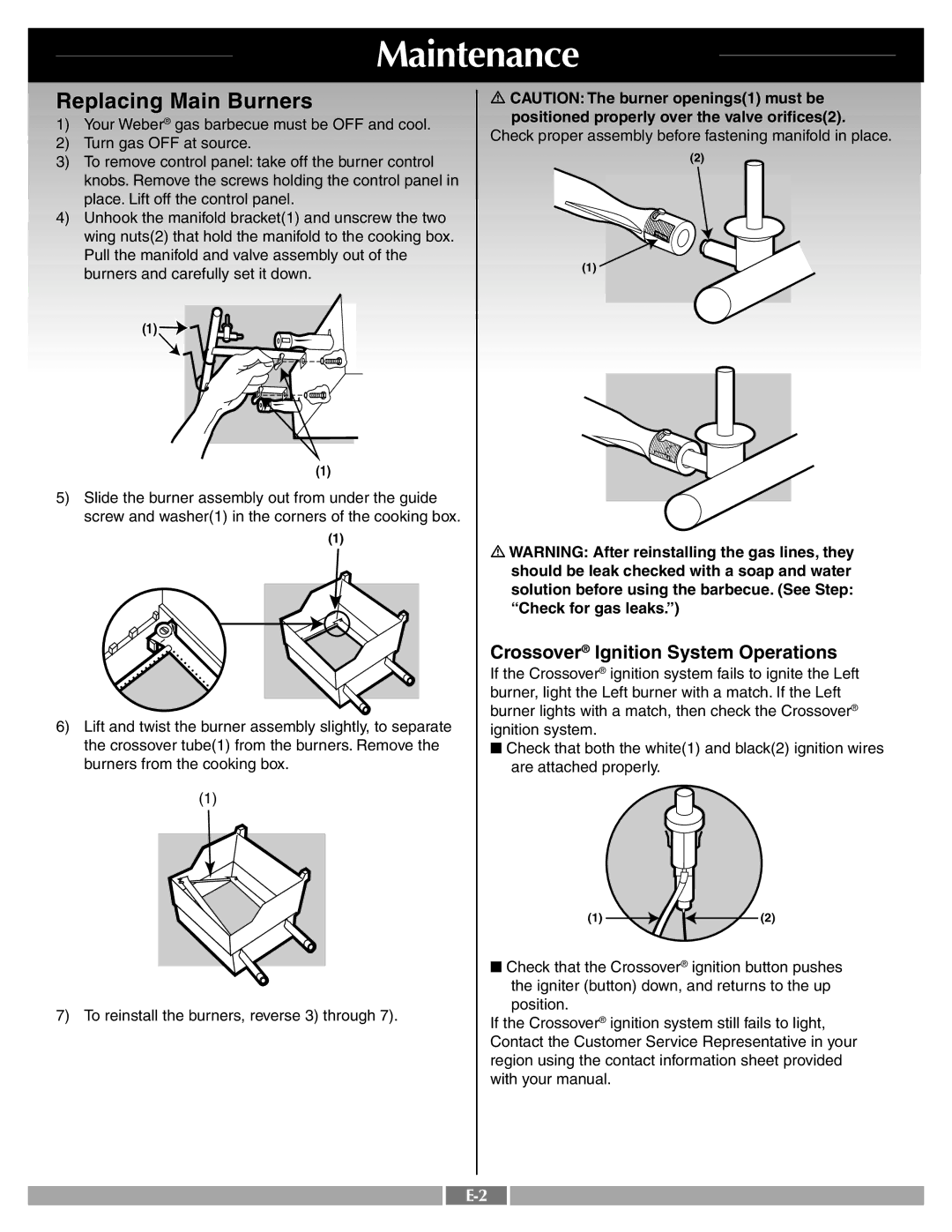 Weber 55263 manual Replacing Main Burners, Crossover Ignition System Operations 