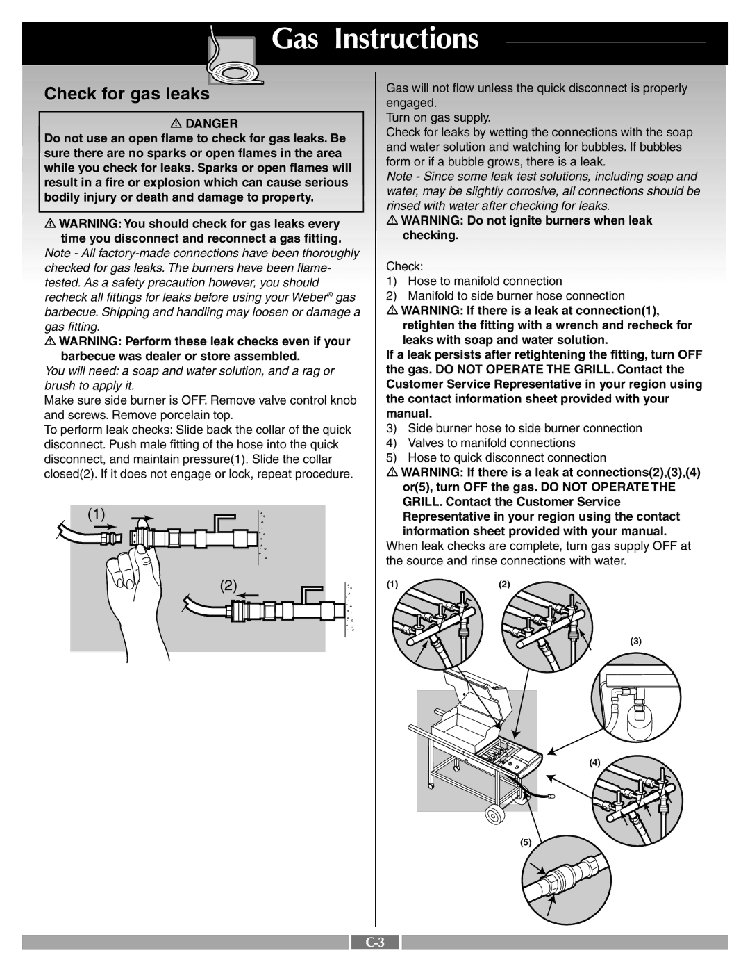 Weber 55265 manual Check for gas leaks 