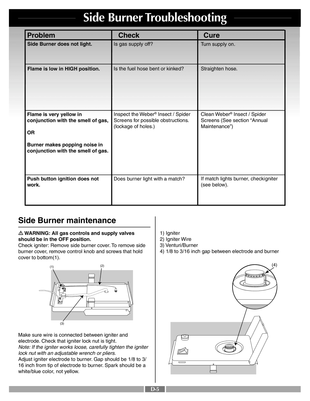 Weber 55265 manual Side Burner Troubleshooting, Side Burner maintenance 