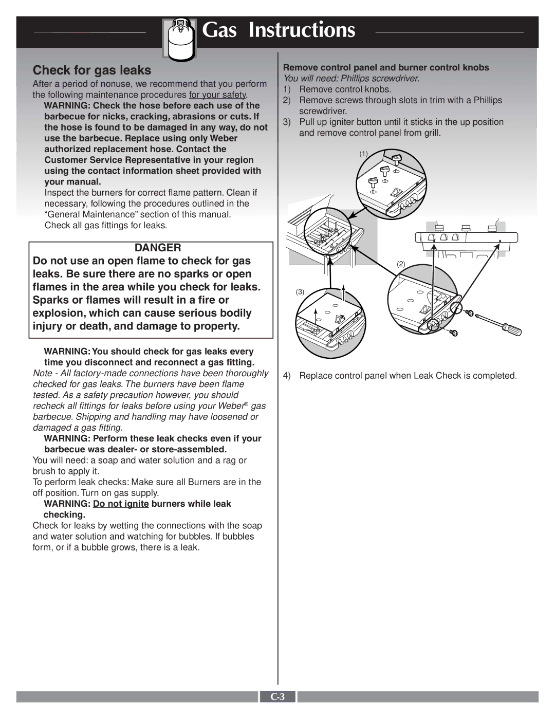 Weber 55276 manual Check for gas leaks 