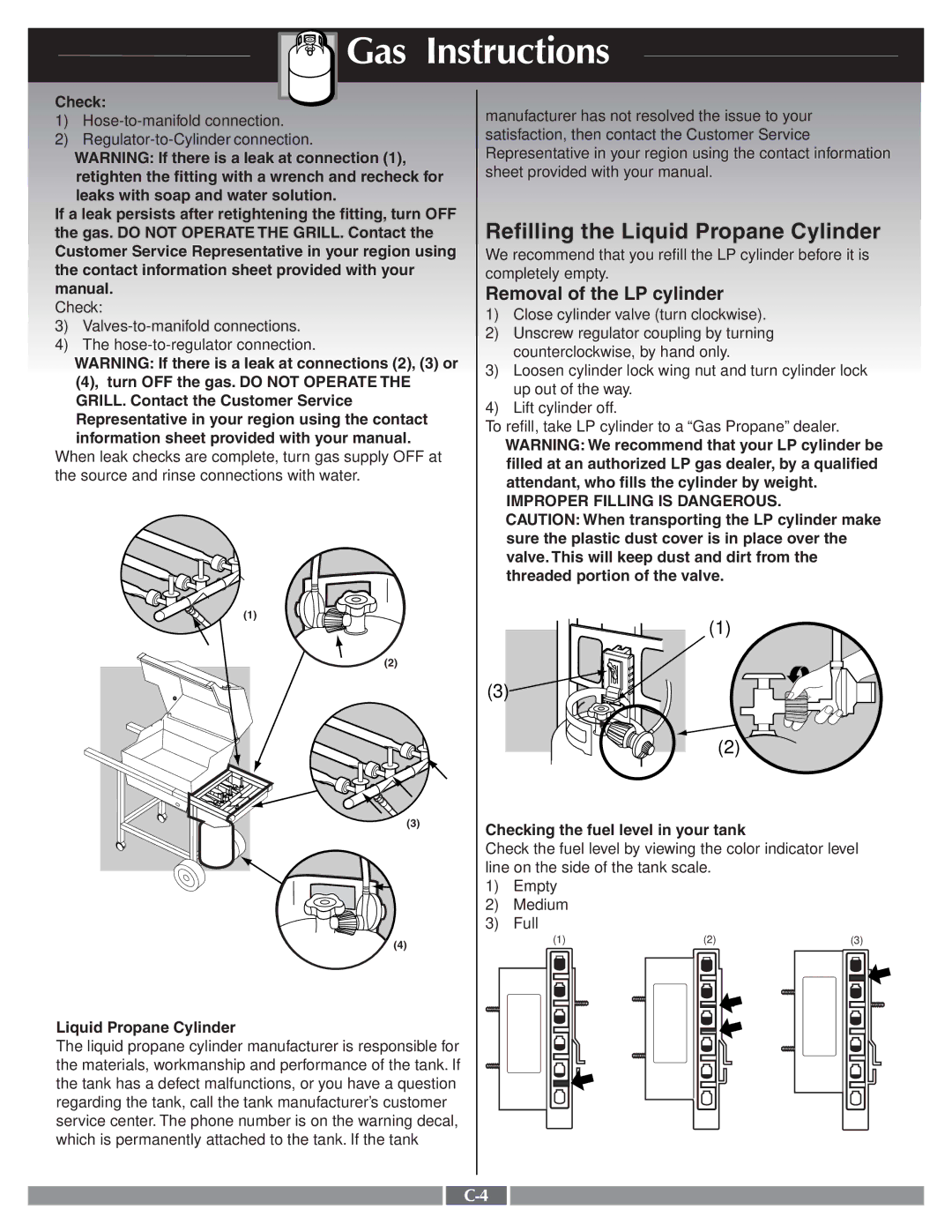 Weber 55276 manual Refilling the Liquid Propane Cylinder 