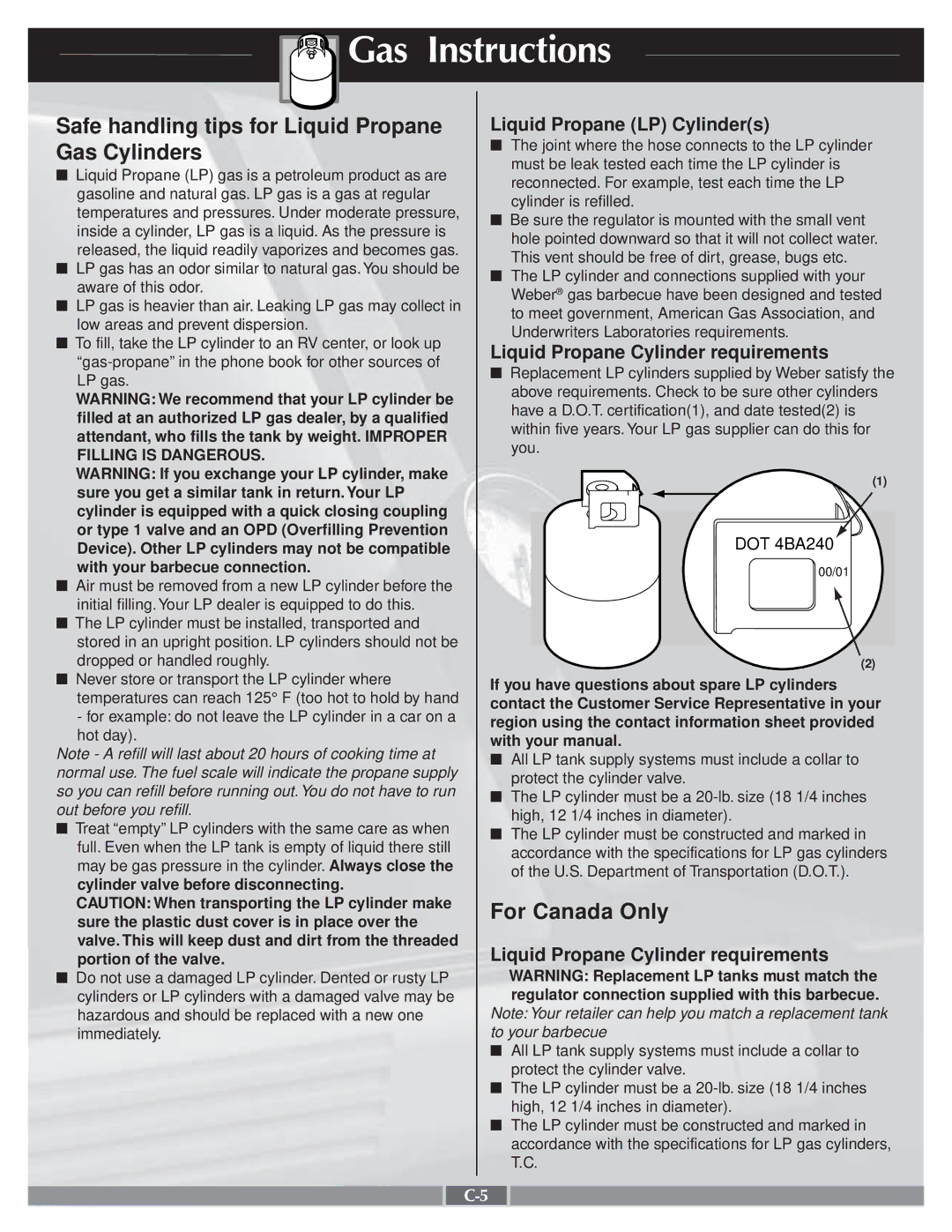 Weber 55276 manual Safe handling tips for Liquid Propane, Gas Cylinders, For Canada Only 