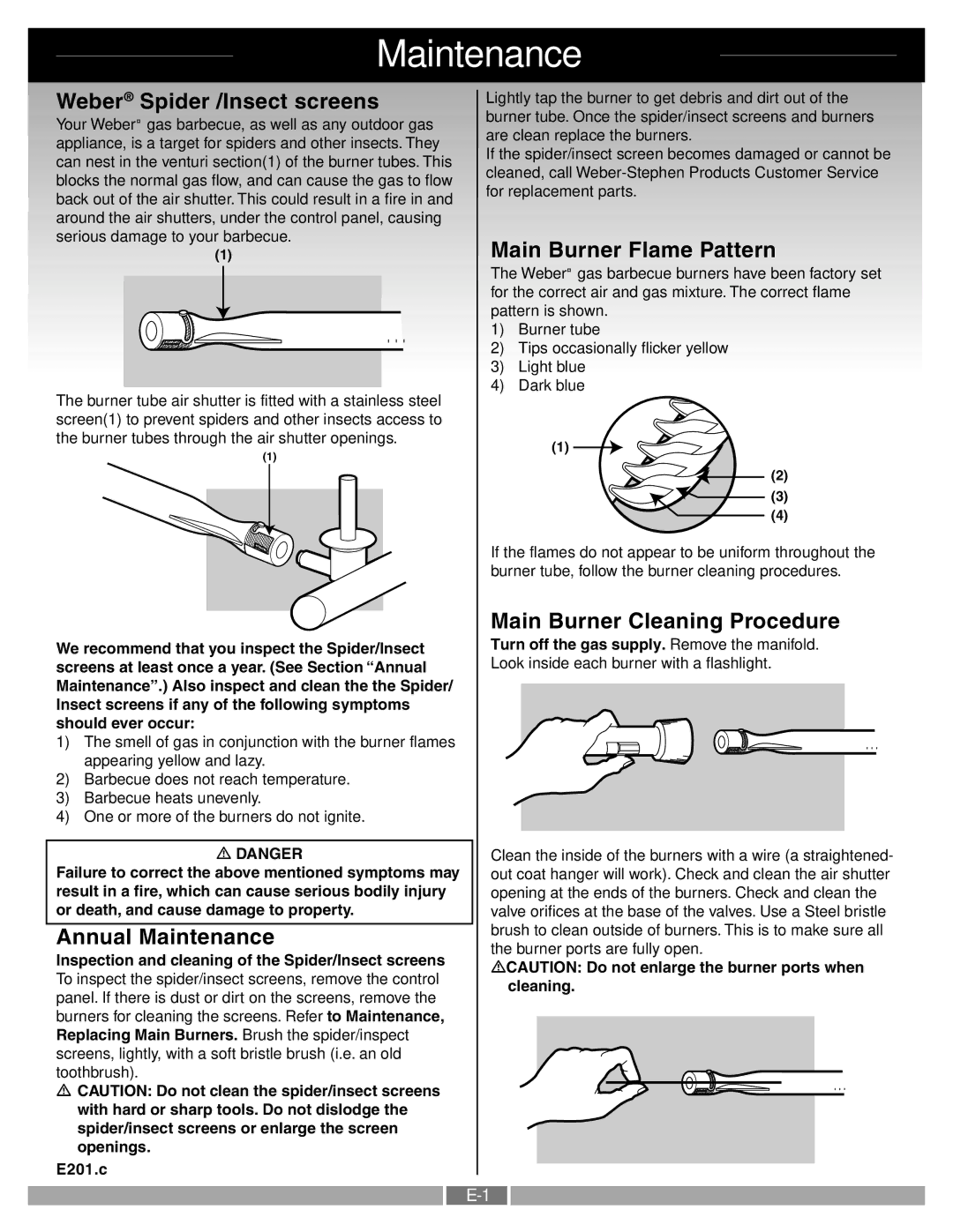Weber 55276 manual Weber Spider /Insect screens, Annual Maintenance, Main Burner Flame Pattern 