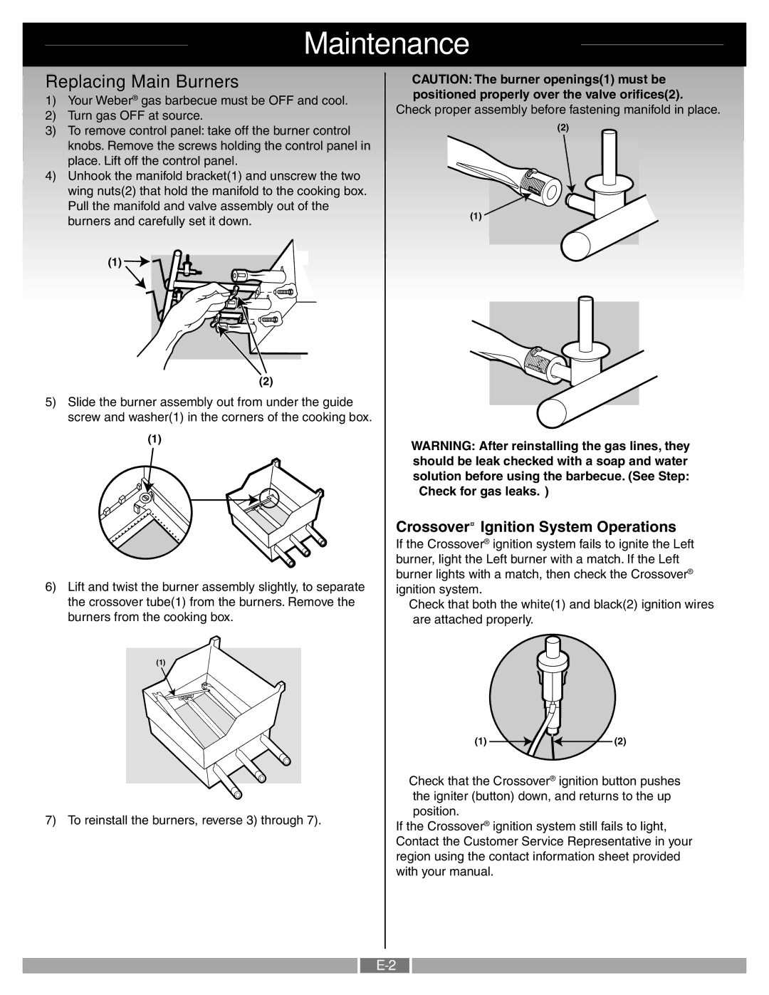 Weber 55276 manual Replacing Main Burners, Crossover Ignition System Operations 