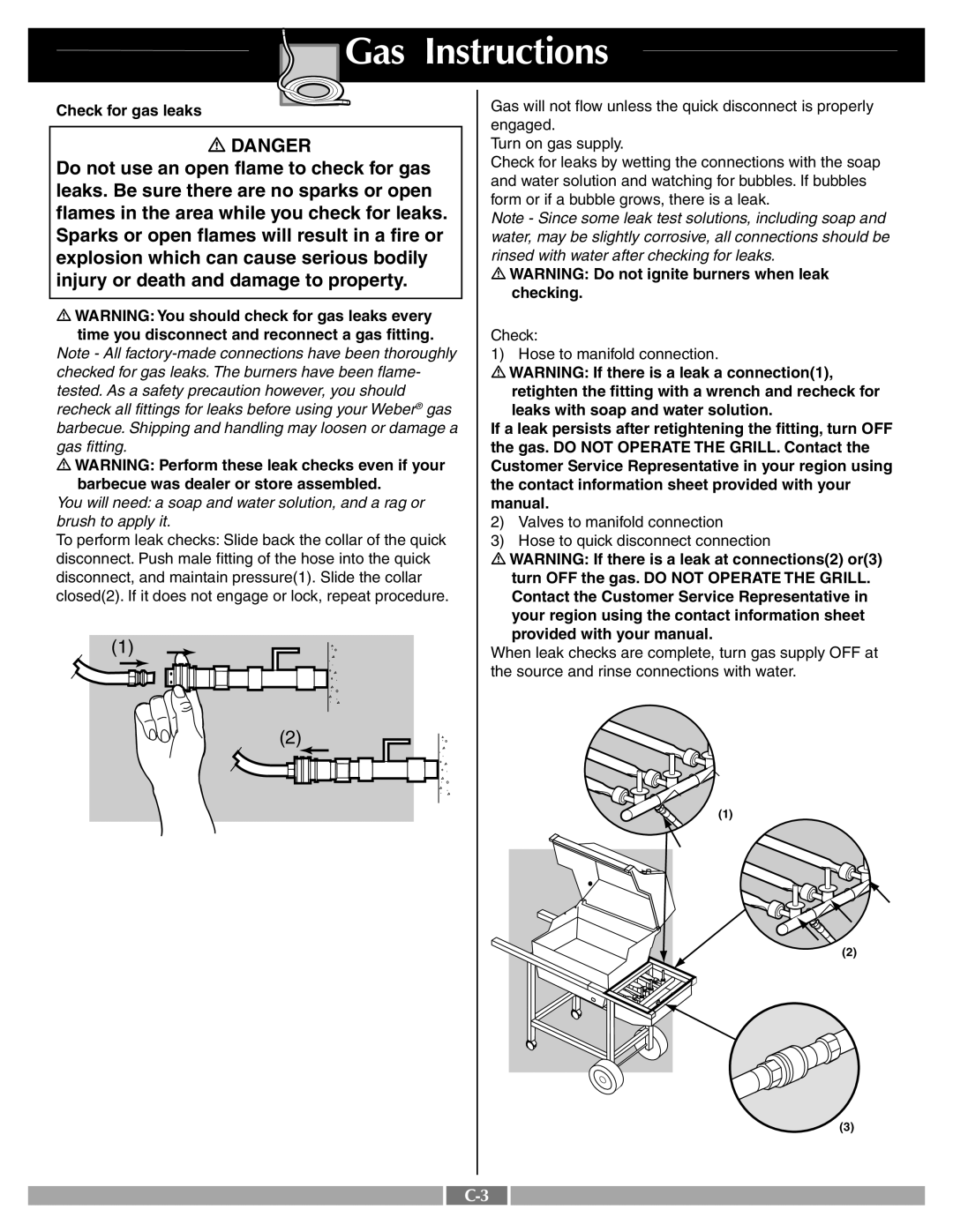 Weber 55277 manual Flames in the area while you check for leaks, Sparks or open flames will result in a fire or 