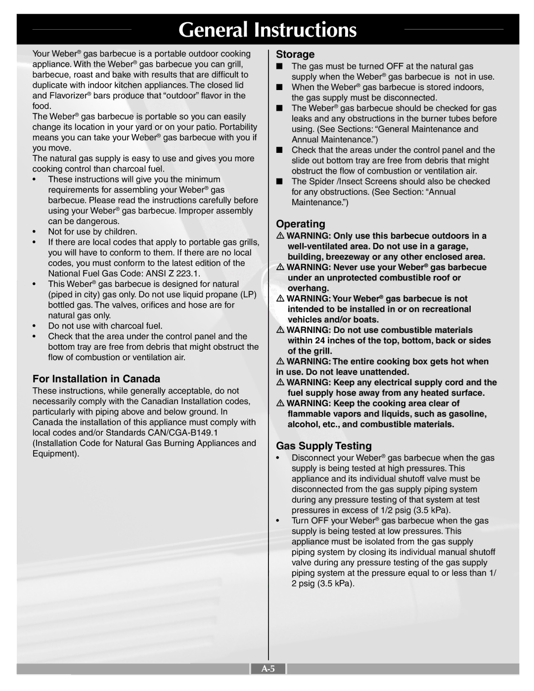 Weber 55277 manual General Instructions, For Installation in Canada, Storage, Operating Gas Supply Testing 