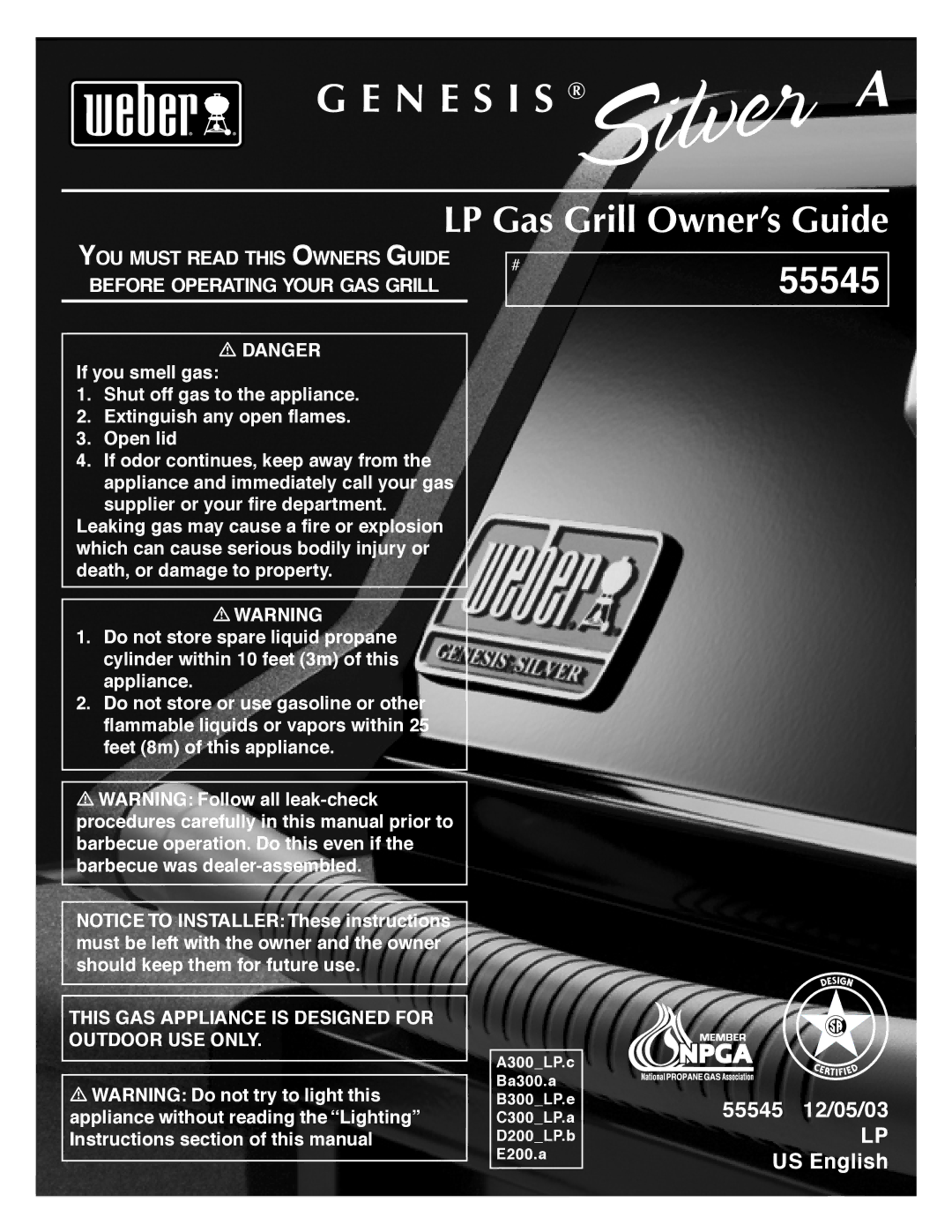 Weber 55545 manual N E S I S, LP Gas Grill Owner’s Guide 