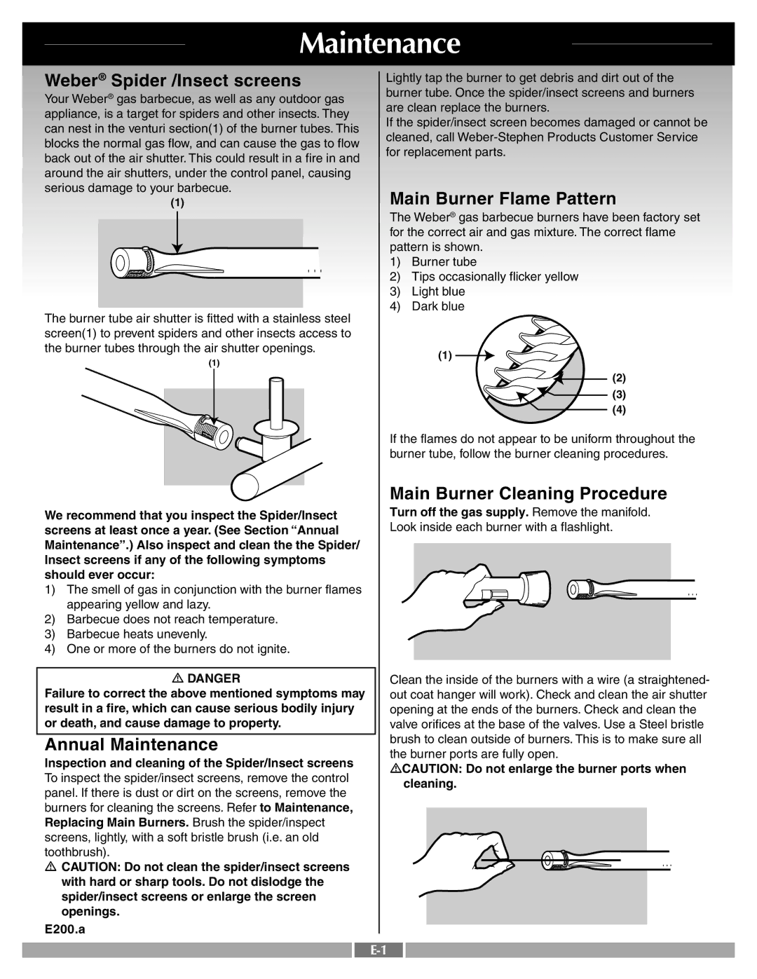 Weber 55545 Weber Spider /Insect screens, Annual Maintenance, Main Burner Flame Pattern, Main Burner Cleaning Procedure 