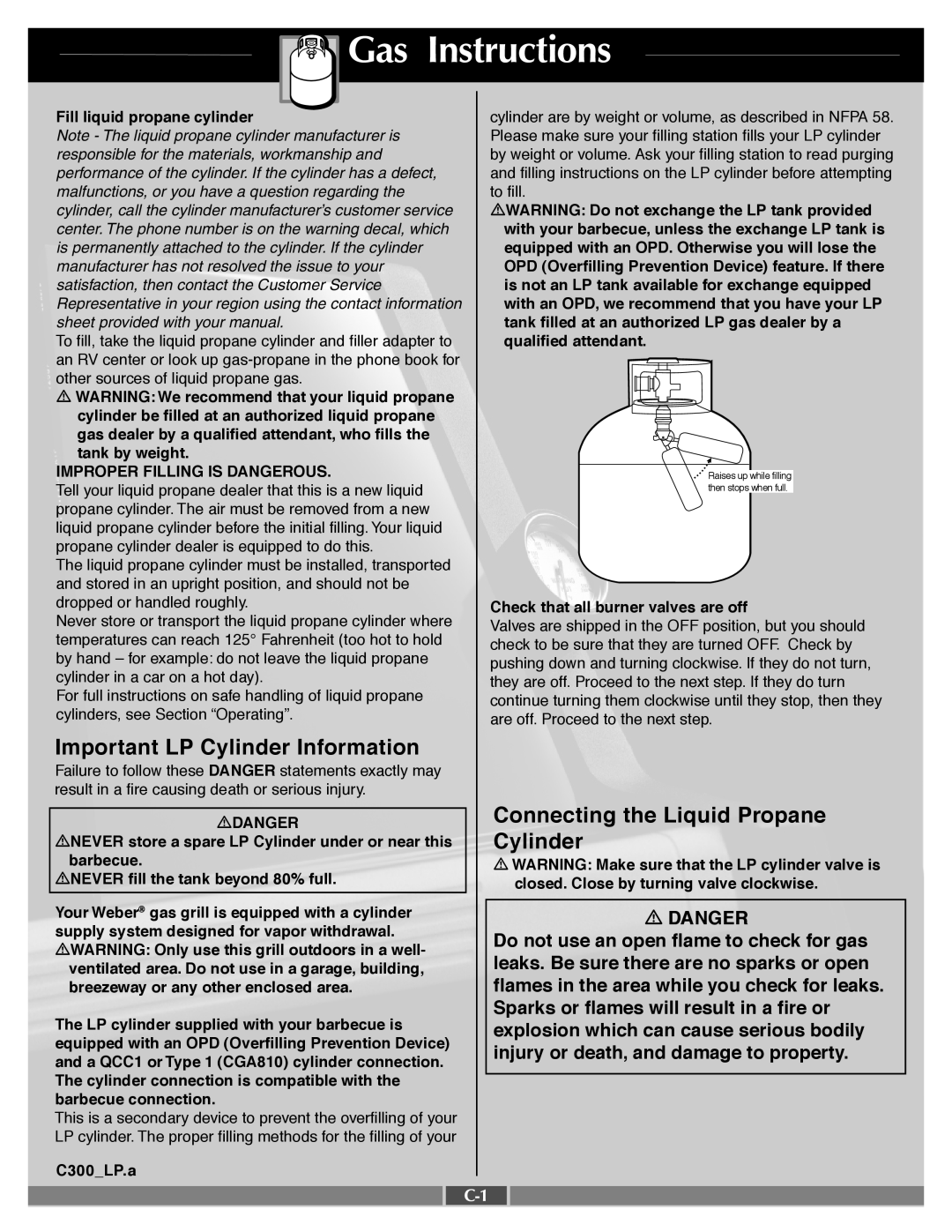 Weber 55545 manual Gas Instructions, Important LP Cylinder Information, Connecting the Liquid Propane, Danger 